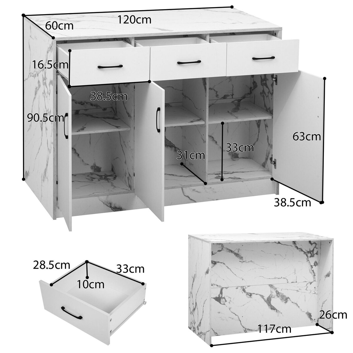 MERAX Ilot de cuisine 3 portes 3 tiroirs coloris blanc mdf