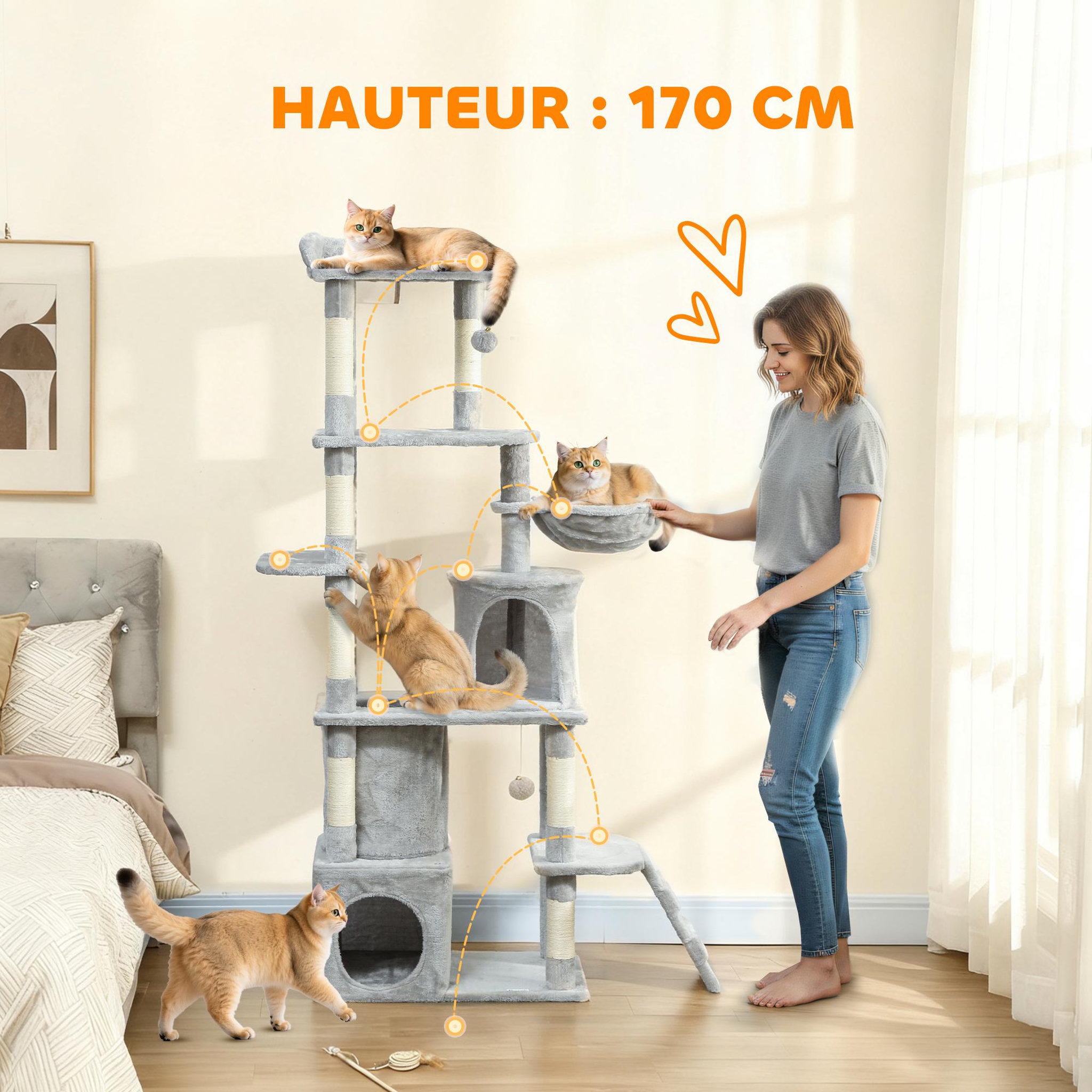 Voir la diapositive 4 : PAWHUT Arbre à chat design gris clair multi-activités - zones de repos, griffoirs - h.170 cm