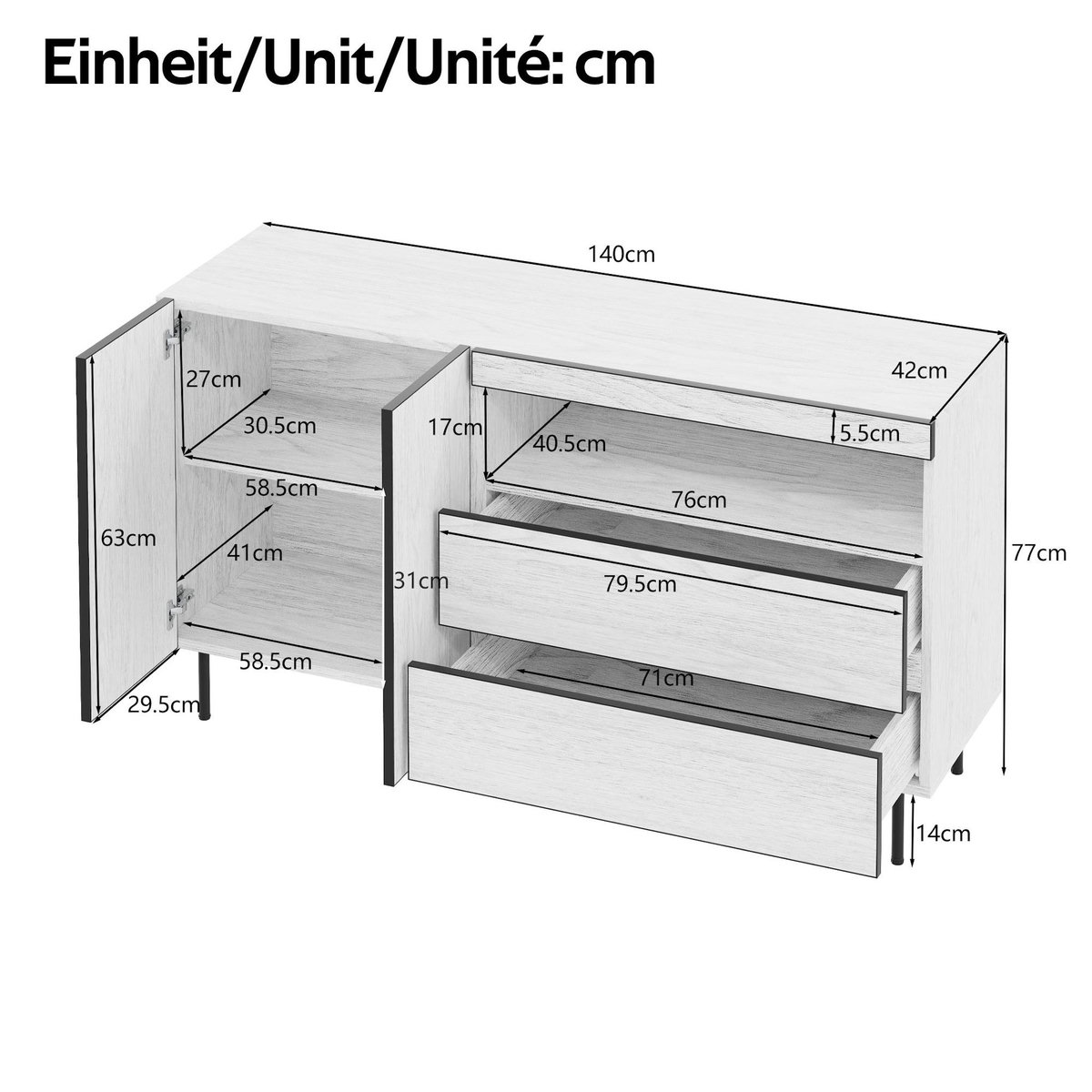 MERAX Buffet 2 porte(s) 2 tiroir(s) - 140 cm blanc panneau de particules