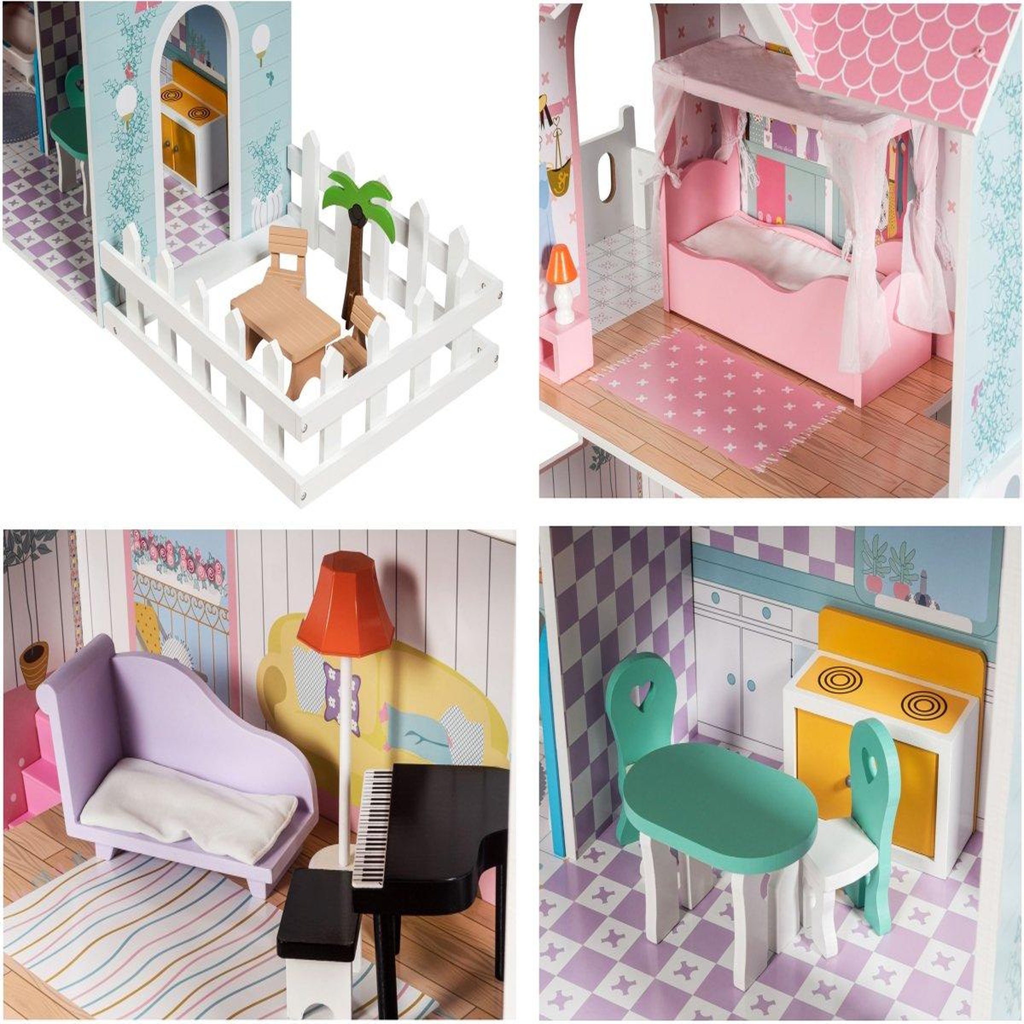 Voir la diapositive 5 : MAMABRUM Grande Maison de Poupées en Bois pour Enfants, Éclairage LED, 3 Étages, Terrasse, Jardin