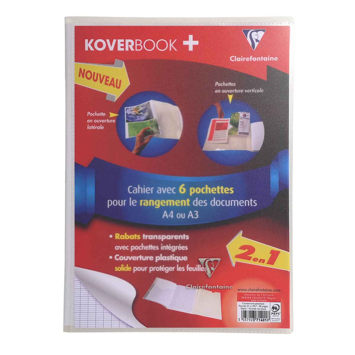 CLAIREFONTAINE Koverbook plus cahier pique avec rabat seyes - couverture polypropylène