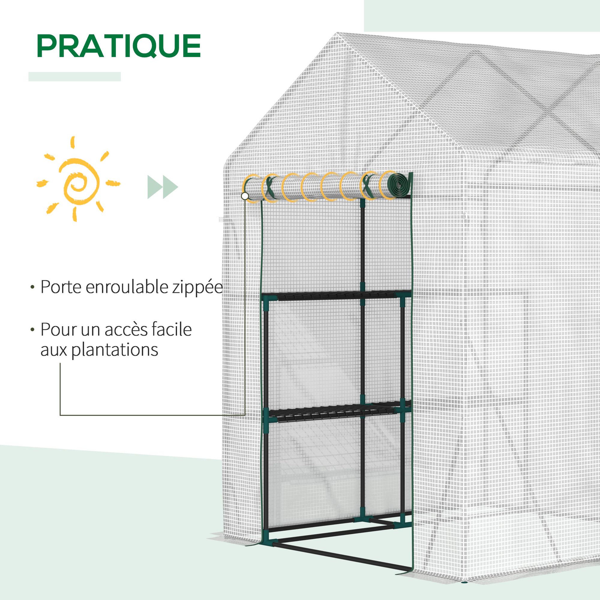 Voir la diapositive 5 : OUTSUNNY Serre de jardin 2 tablettes dim. 1,43l x 1,43l x 1,95h m porte déroulante acier pe haute densité 140 g/m² transparent blanc