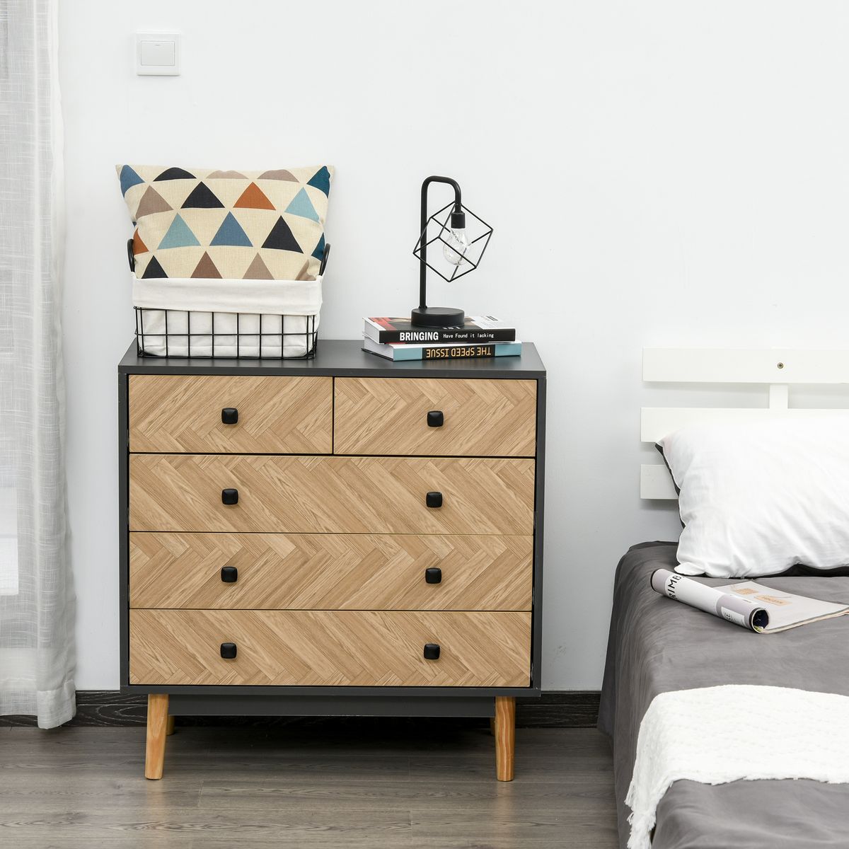 HOMCOM Commode 5 tiroirs design scandinave graphique dim. 80L x 40l x 80H cm panneaux de particules gris foncé chêne clair