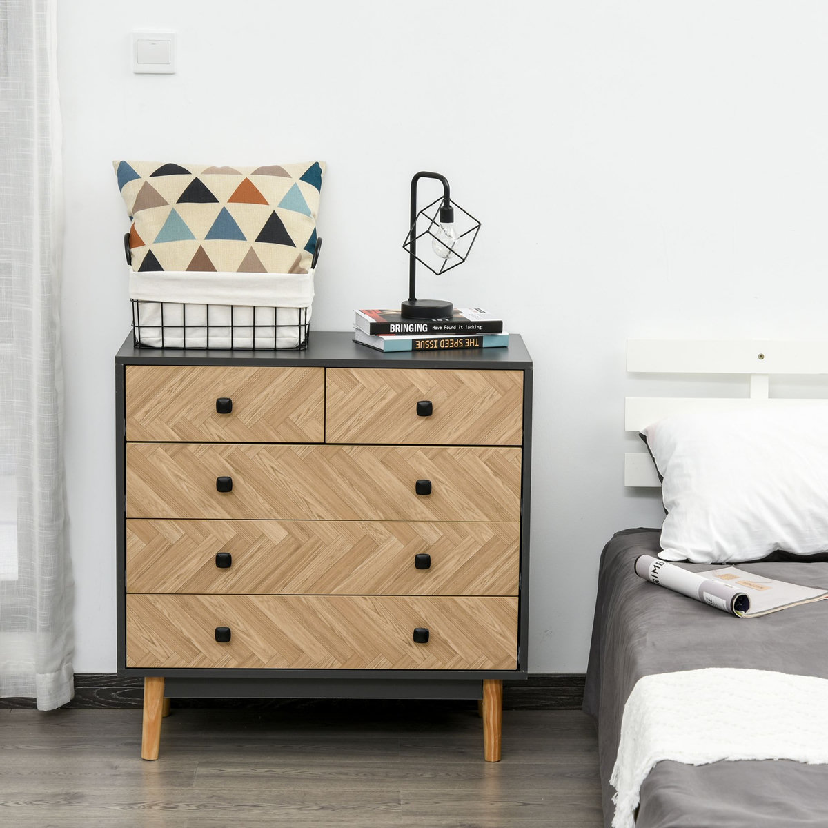 HOMCOM Commode 5 tiroirs design scandinave graphique dim. 80L x 40l x 80H cm panneaux de particules gris foncé chêne clair