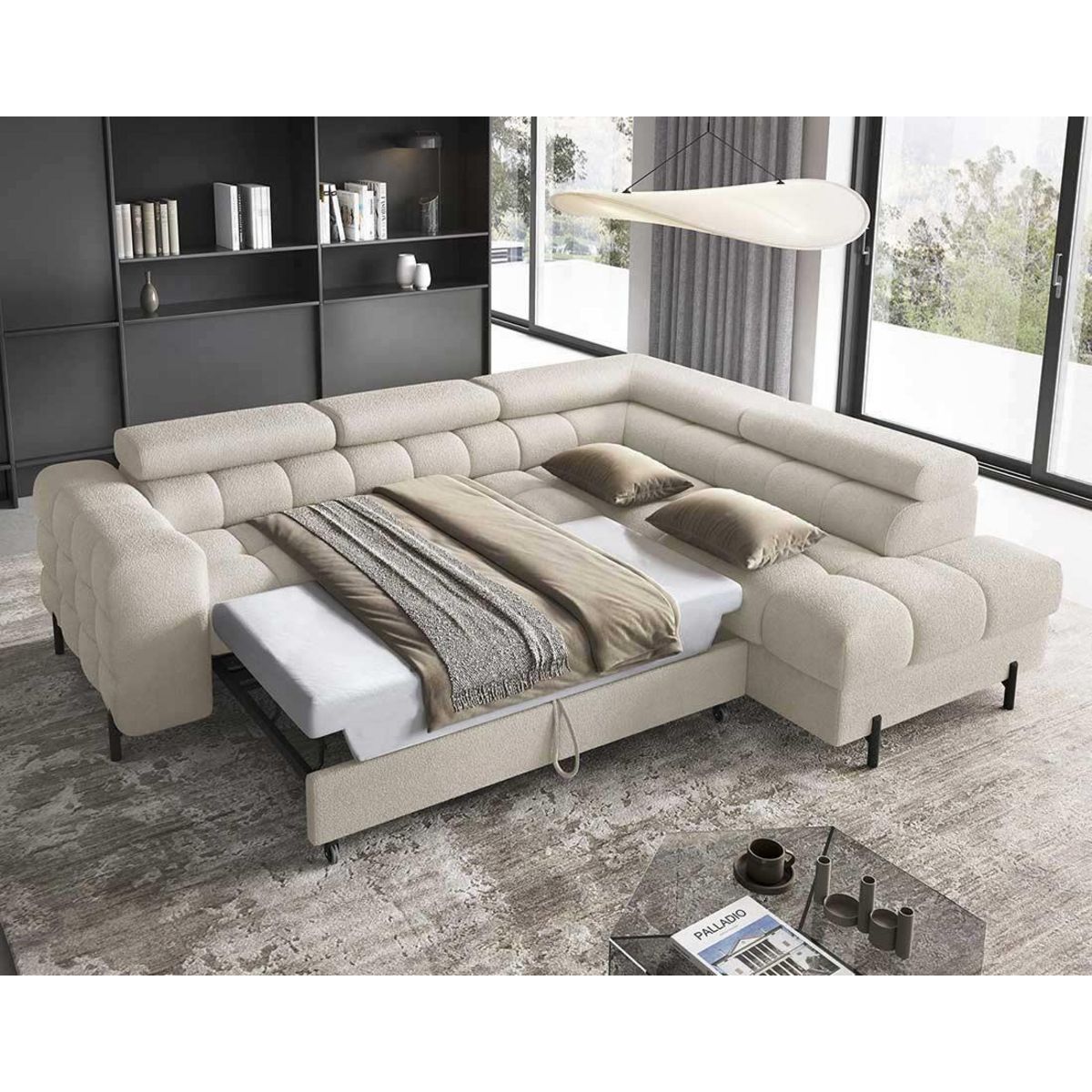 BEST MOBILIER Elisa - canapé d'angle droit 5 places convertible avec coffre et têtières réglables en tissu bouclette