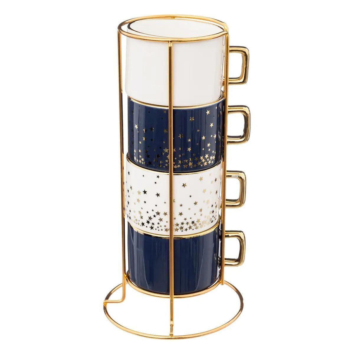 SECRET DE GOURMET Lot de 4 Mugs sur Rack  Etoiles  17cl Blanc & Bleu