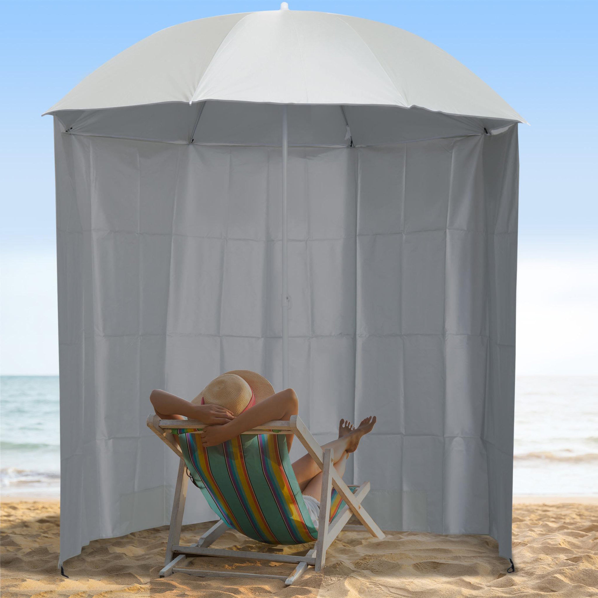 Voir la diapositive 2 : OUTSUNNY Parasol de plage Ø 2,2 x 2,2H cm protection UPF 50 + sac transport, sardines et lestage intégrés crème