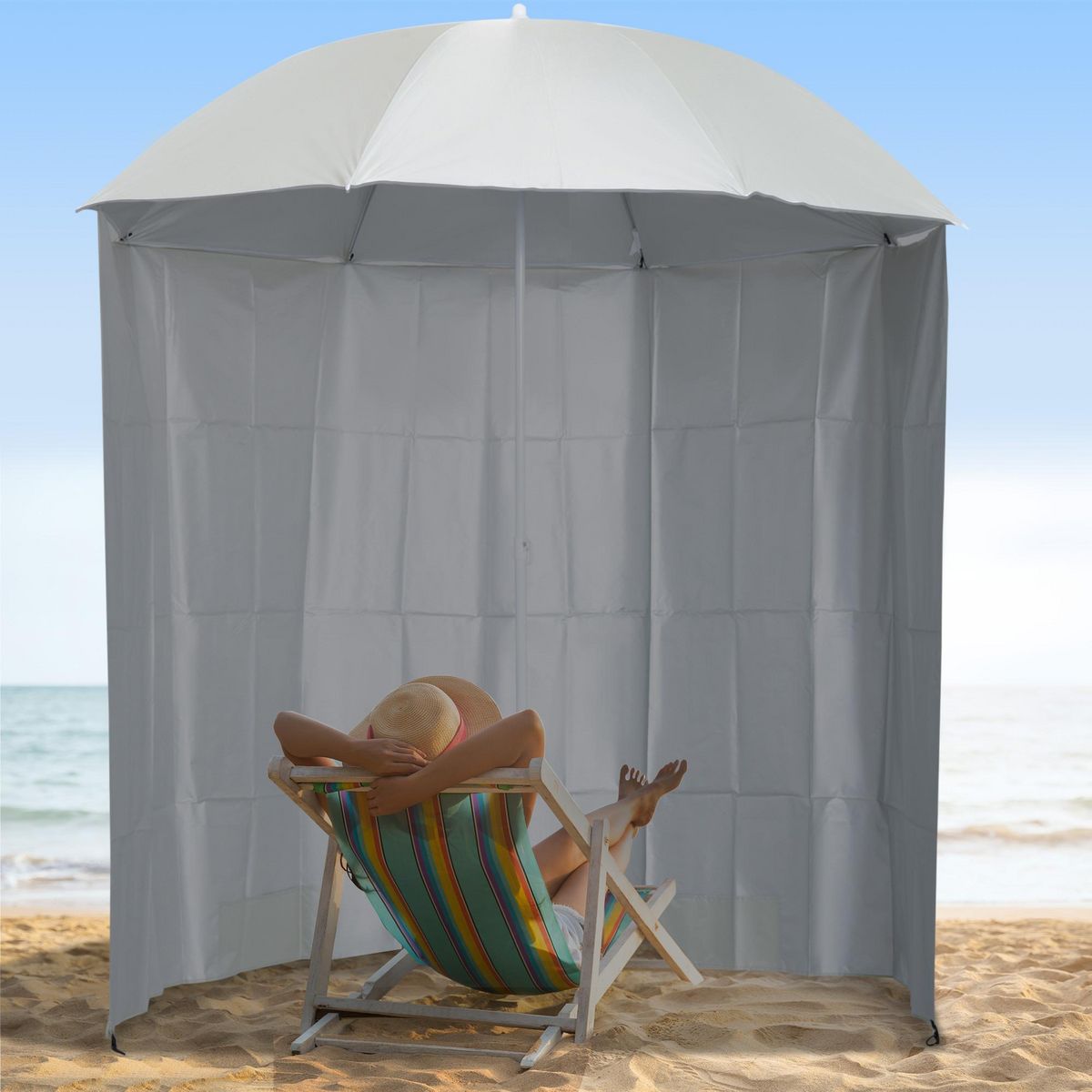 OUTSUNNY Parasol de plage Ø 2,2 x 2,2H cm protection UPF 50 + sac transport, sardines et lestage intégrés crème