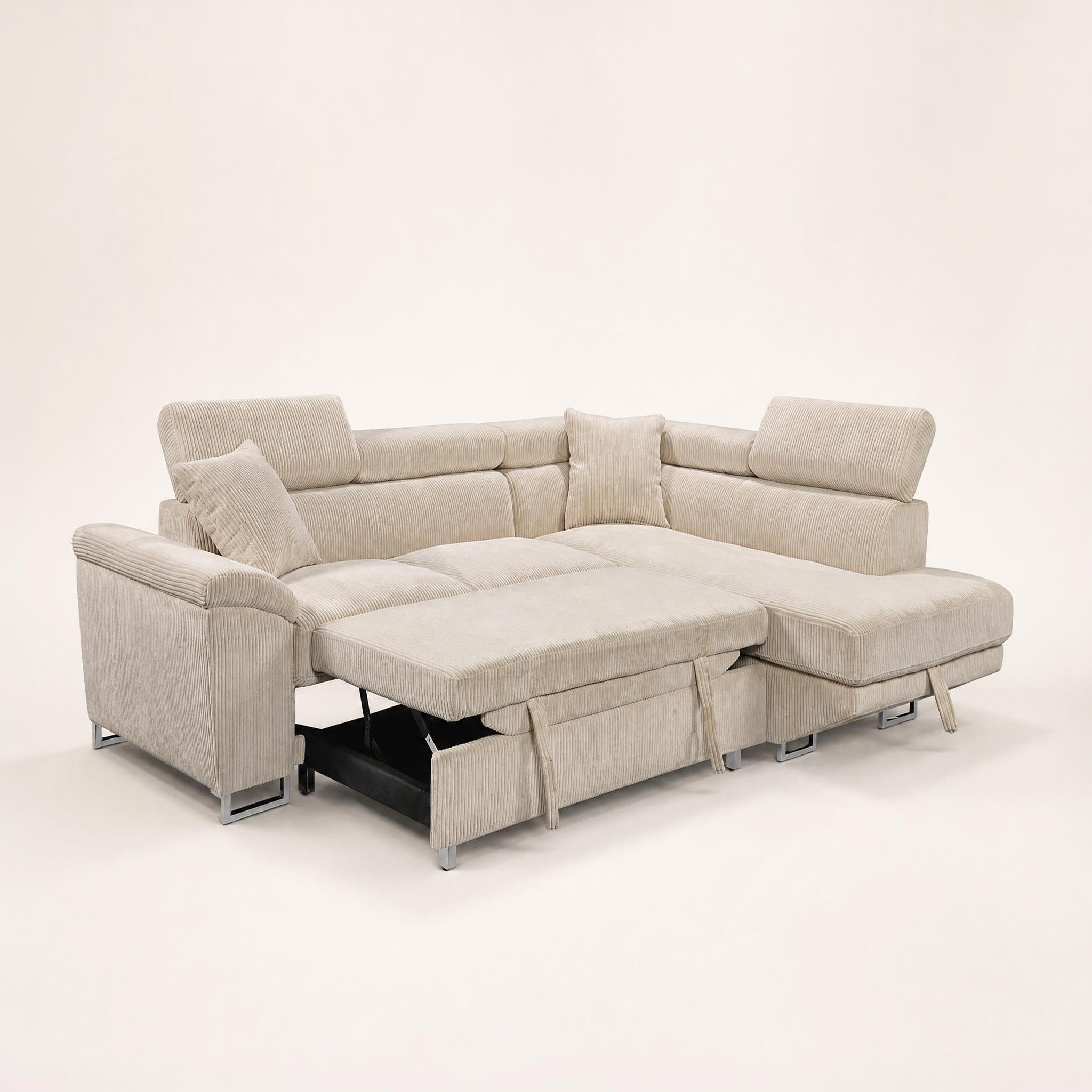 Voir la diapositive 6 : BEST MOBILIER Baoji - canapé d'angle droit 5 places convertible avec têtières et coffre en velours côtelé
