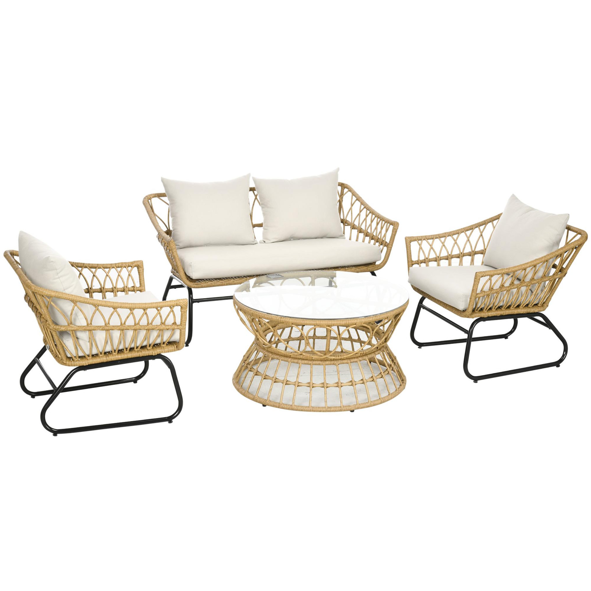 OUTSUNNY Salon de jardin 4 places 4 pièces 7 coussins inclus acier époxy résine tressée beige