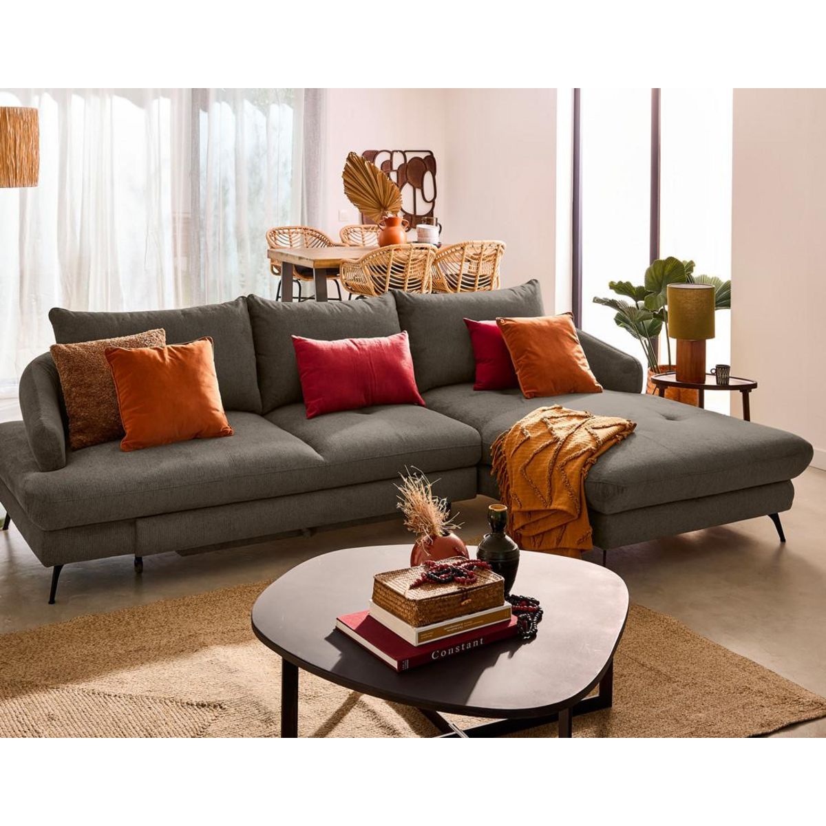 LISA DESIGN Ninon - canapé d'angle droit 4 places convertible avec coffre en tissu texturé