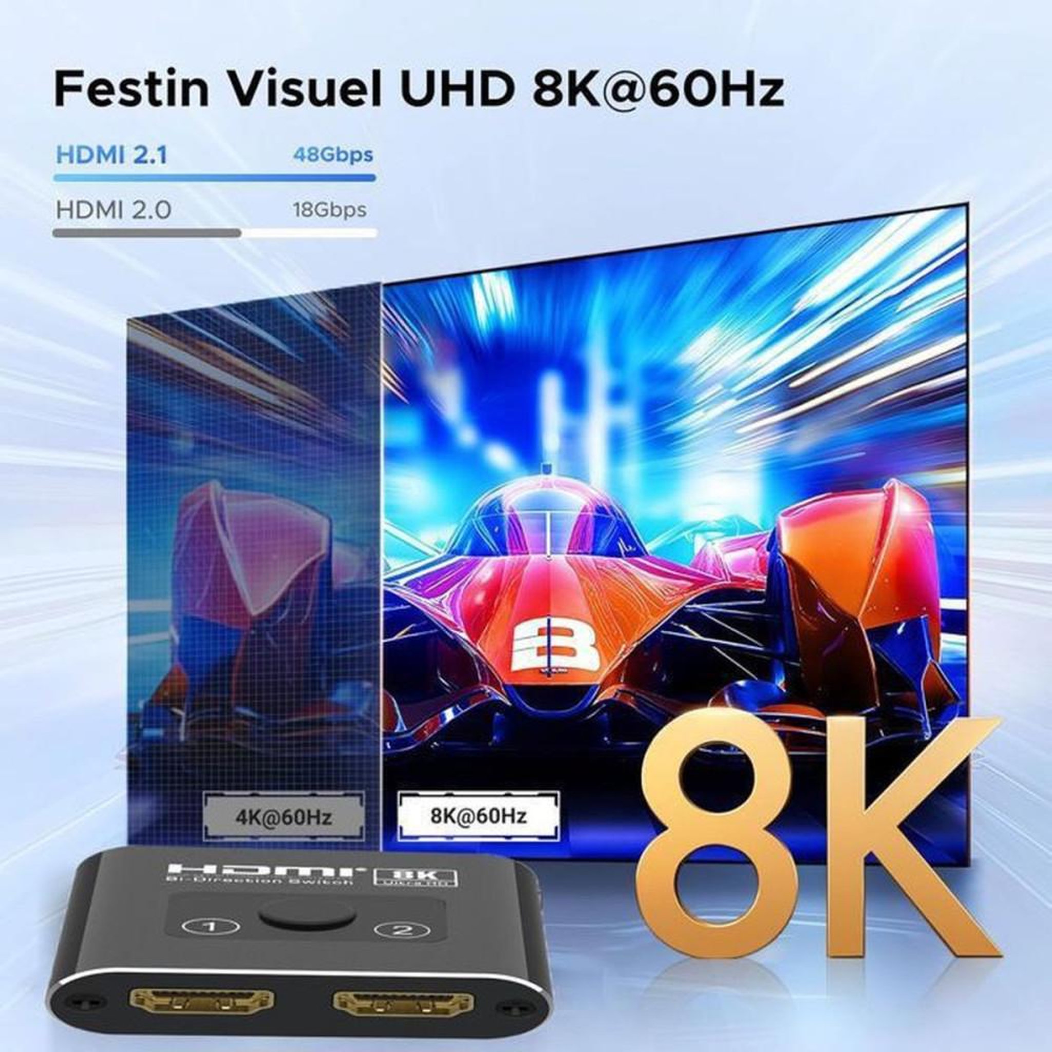 Voir la diapositive 3 : Coffret HDMI 2.1 bi-directionnel 2x1 avec sélection en façade, switch pour 2 sources vers 1 écran, 8K@60Hz et 4K@240Hz, VRR, Dolby Atmos, noir