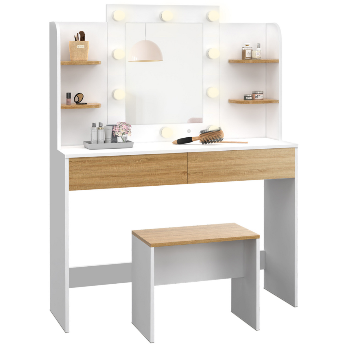 ID MARKET Coiffeuse ZELIA blanc et hêtre table de maquillage 4 étagères, miroir LED et tabouret