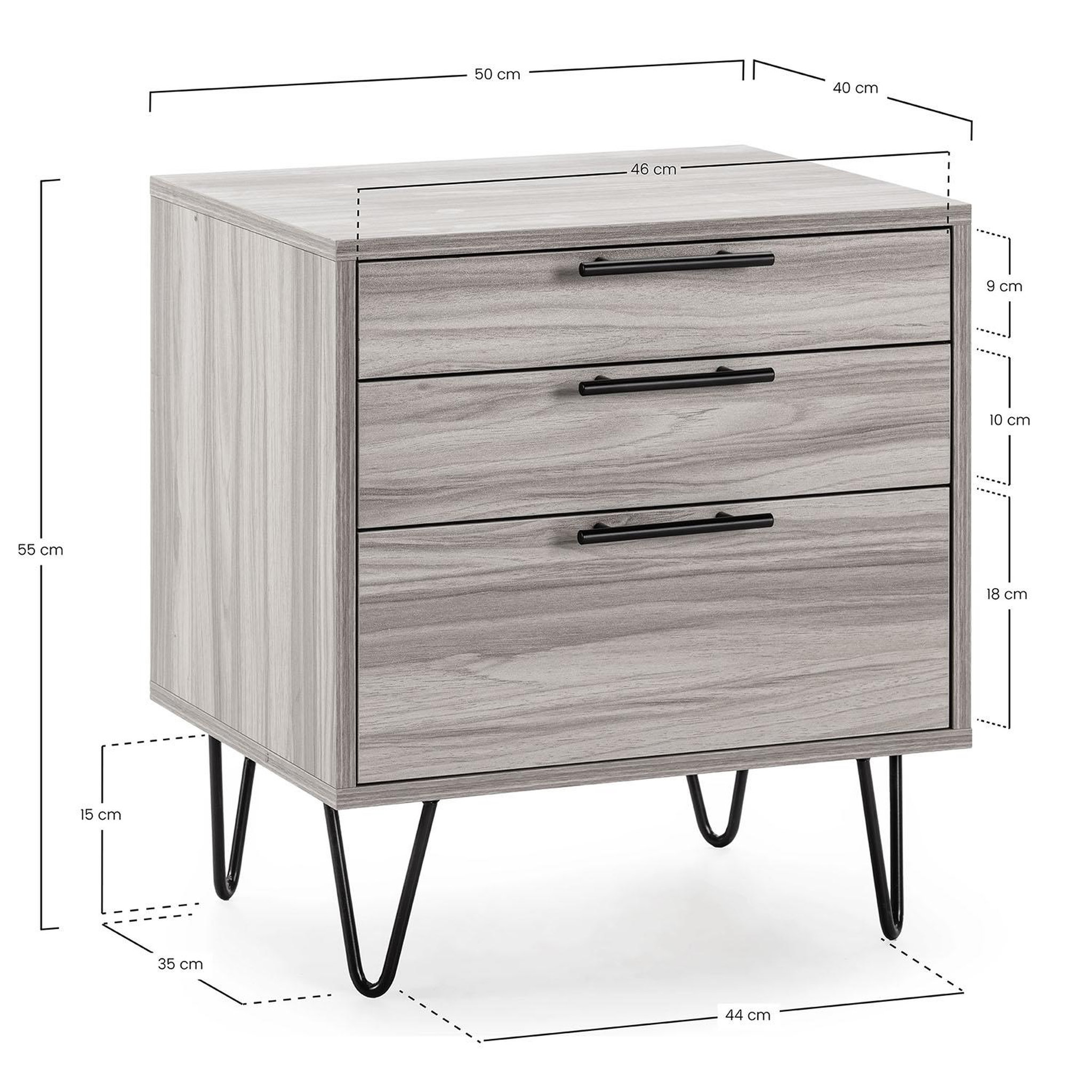 Voir la diapositive 5 : VS VENTA-STOCK Table de chevet Alma 3 tiroirs couleur bois, pieds métal