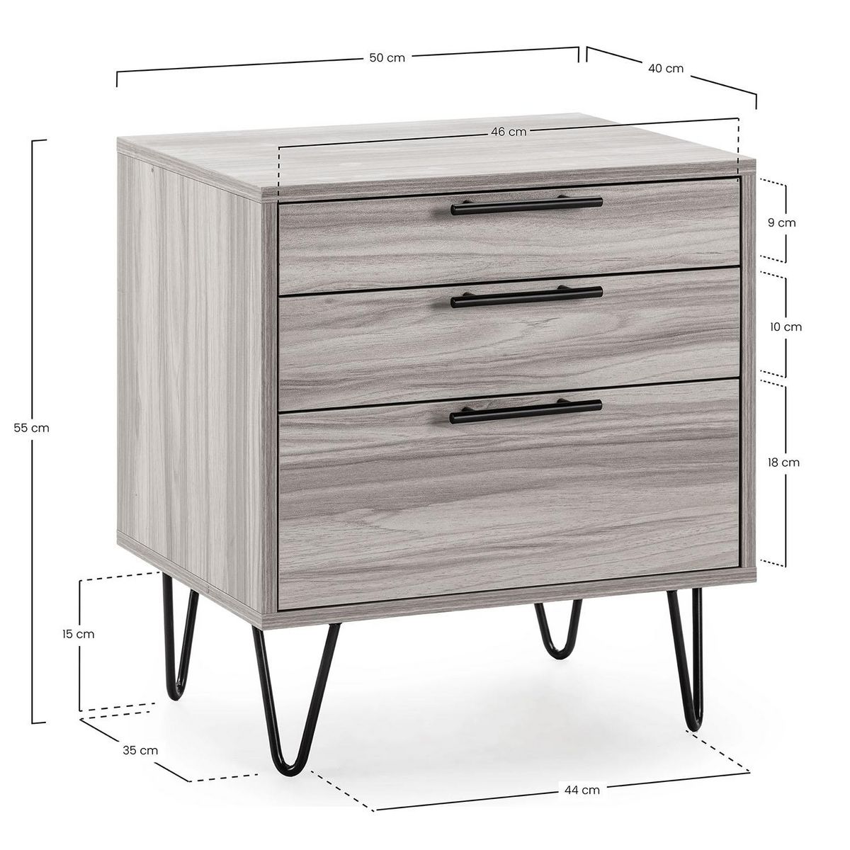 VS VENTA-STOCK Table de chevet Alma 3 tiroirs couleur bois, pieds métal