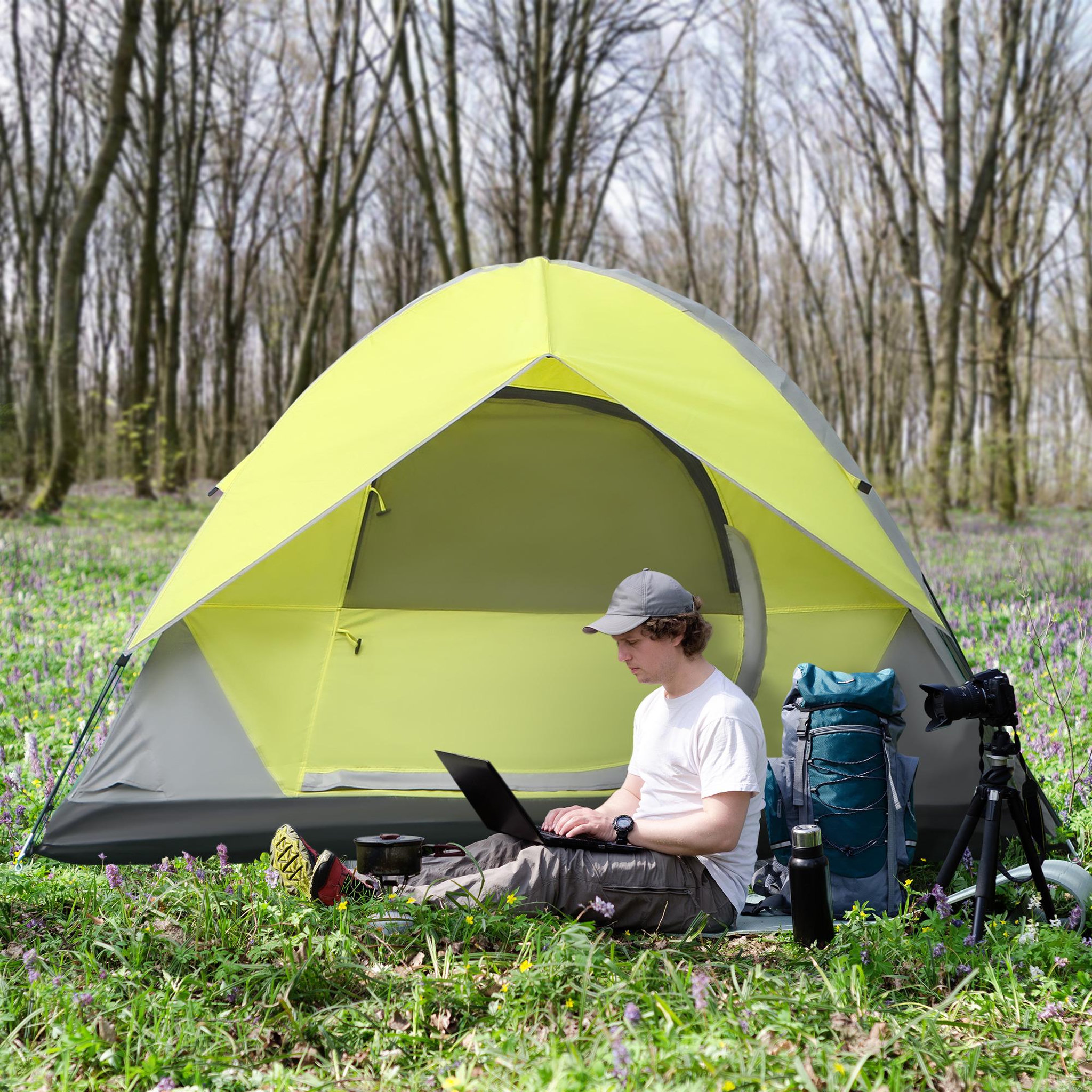 Voir la diapositive 2 : OUTSUNNY Tente de camping 3 personnes - portes zippées, poche rangement, sac transport inclus - dim. 210L x 210l x 119H cm - fibre verre polyester tissu Oxford gris vert