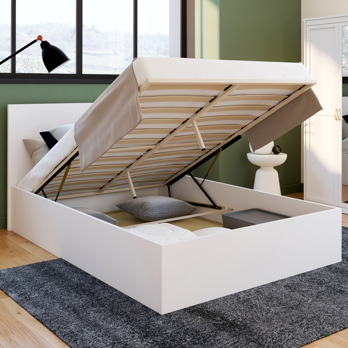 ID MARKET Lit coffre double SEASIDE avec tête de lit et sommier 140 x 190 cm blanc