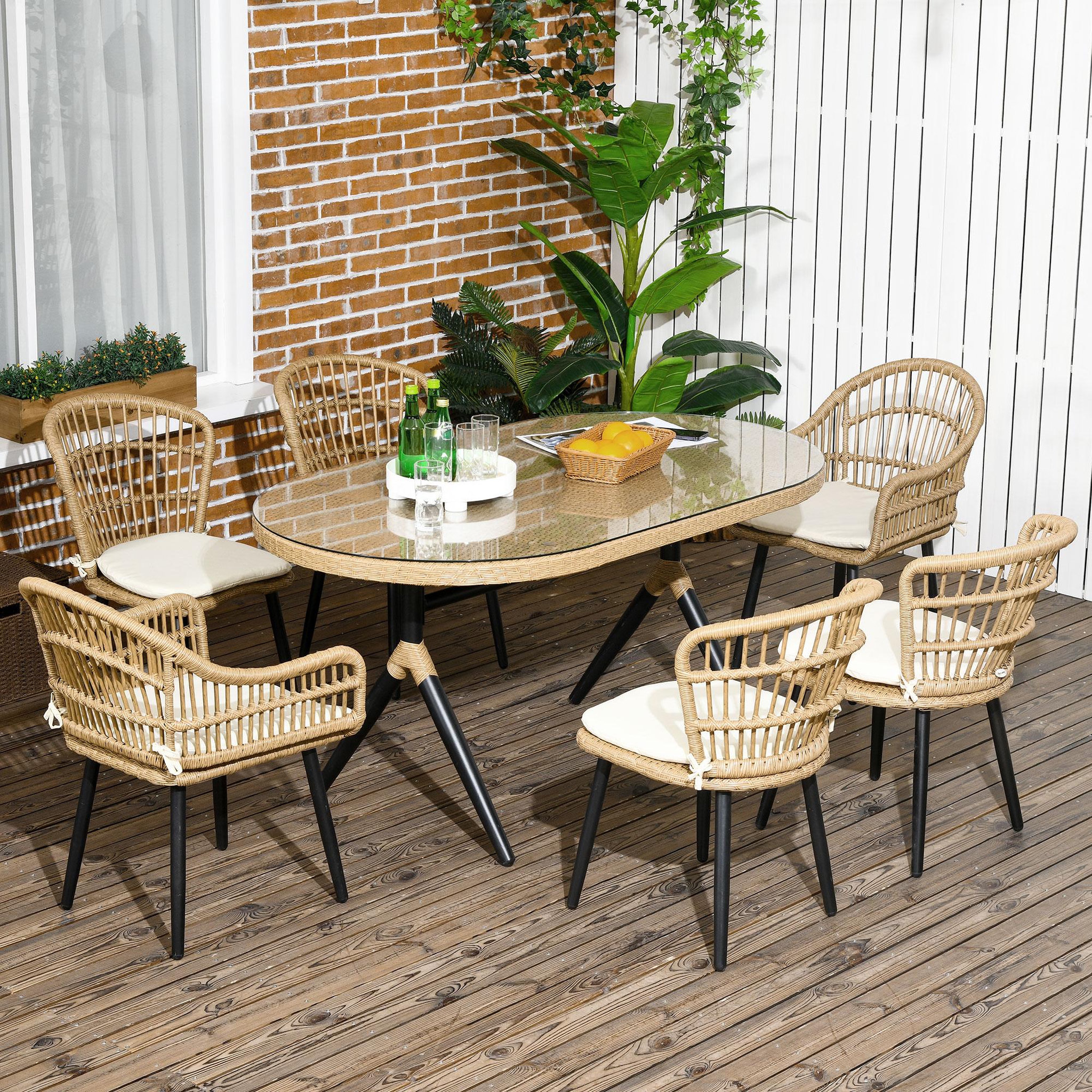 Voir la diapositive 2 : OUTSUNNY Salon de jardin 6 places 7 pièces style bohème - 6 chaises, table à manger ovale - coussins inclus