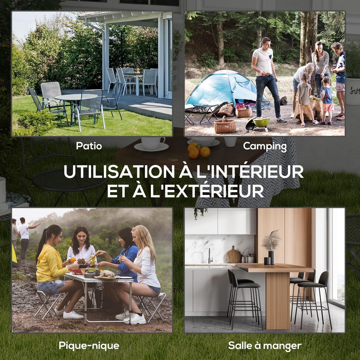 OUTSUNNY Table de jardin pliante table de camping pliable dim. 60L x 60l x 71H cm acier époxy HDPE aspect rotin tressé marron