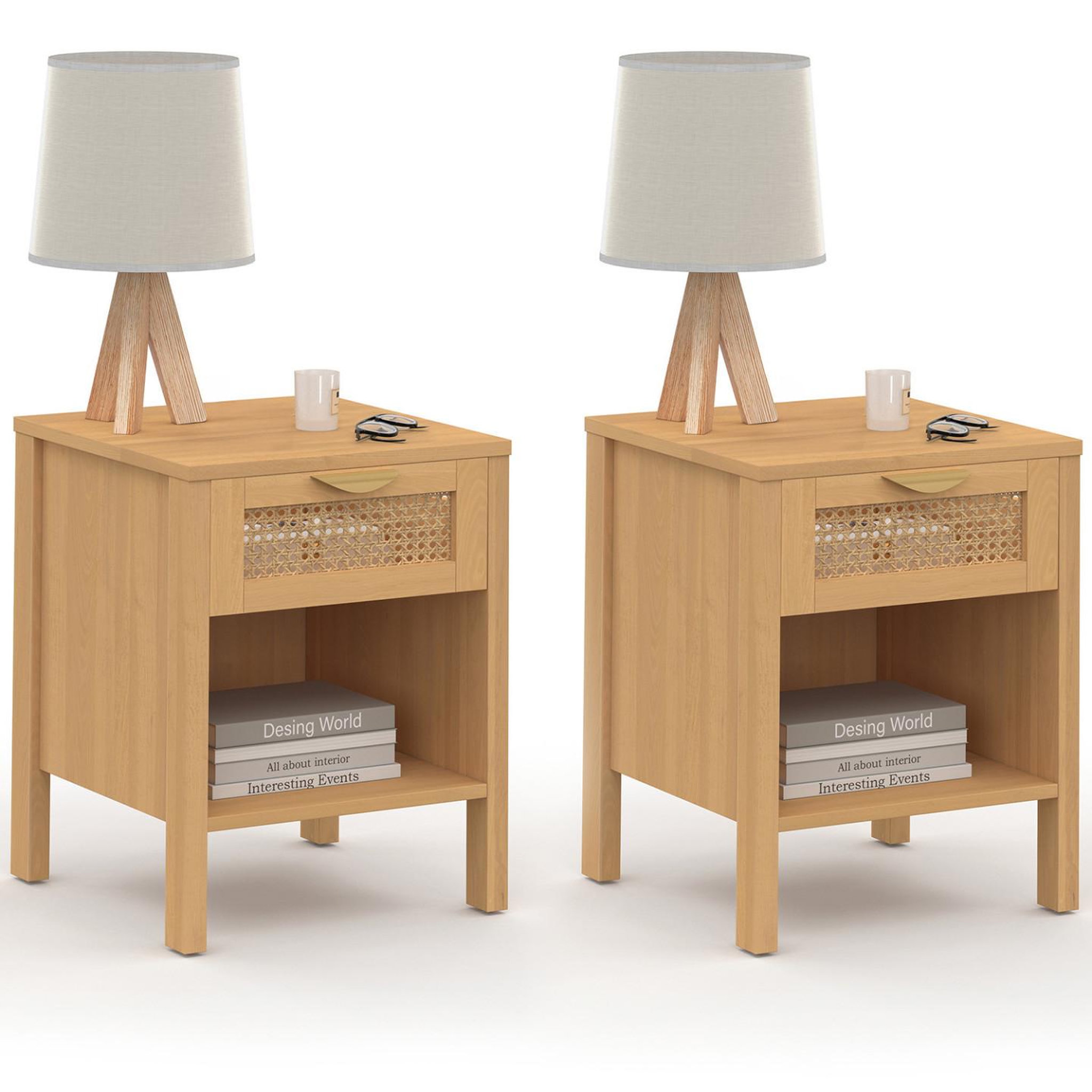 ID MARKET Lot de 2 tables de chevet EDHEN 1 tiroir avec niche cannage et bois