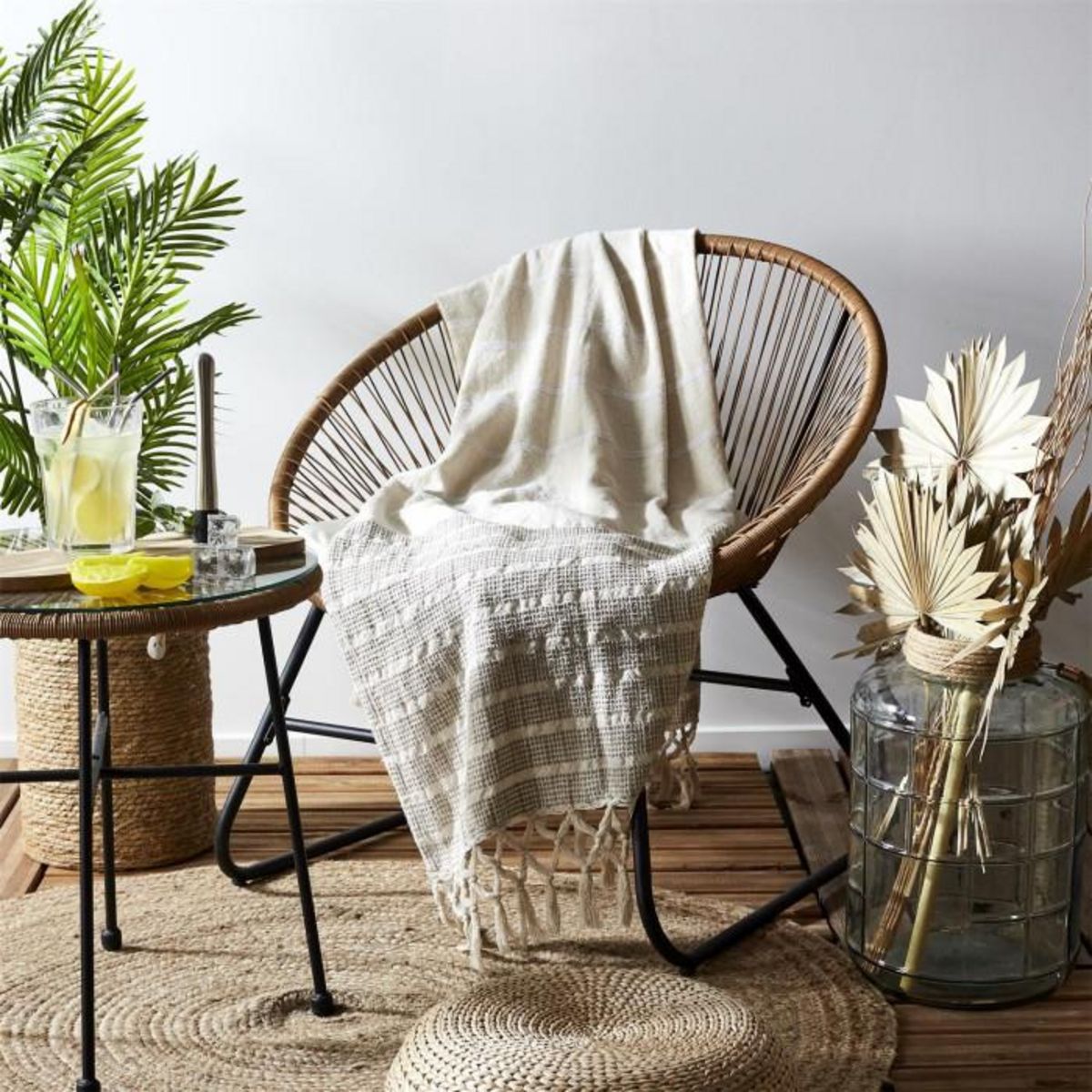 Paris Prix Plaid à Franges  Imprimé  130x160cm Beige & Blanc