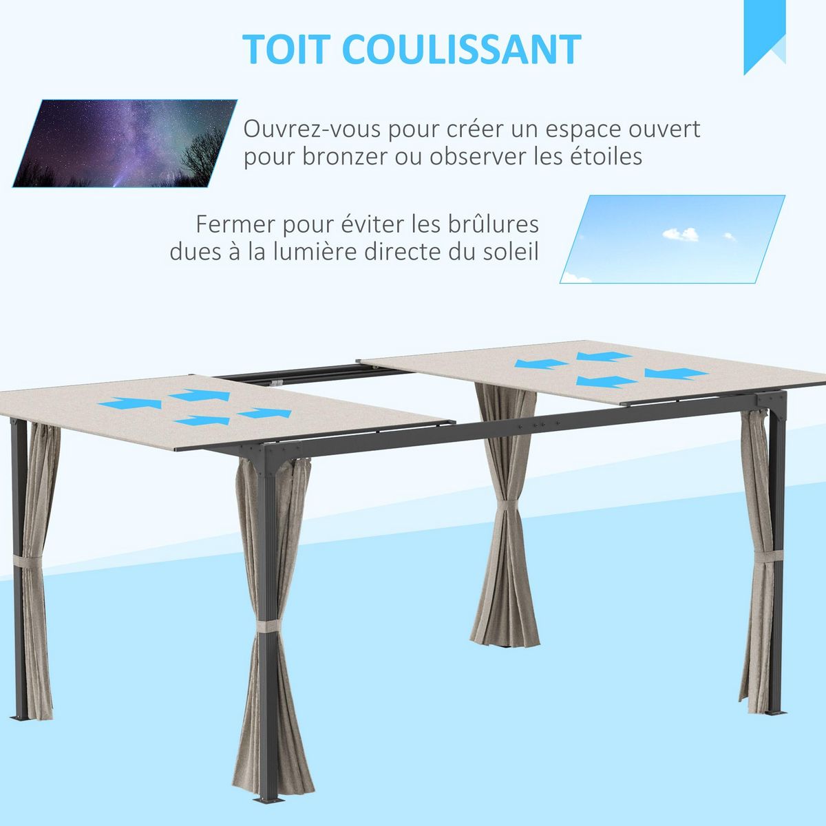 OUTSUNNY Pergola rétractable dim. 2,95L x 2,95l x 2,20H m double toit coulissant 4 rideaux alu. acier noir polyester beige