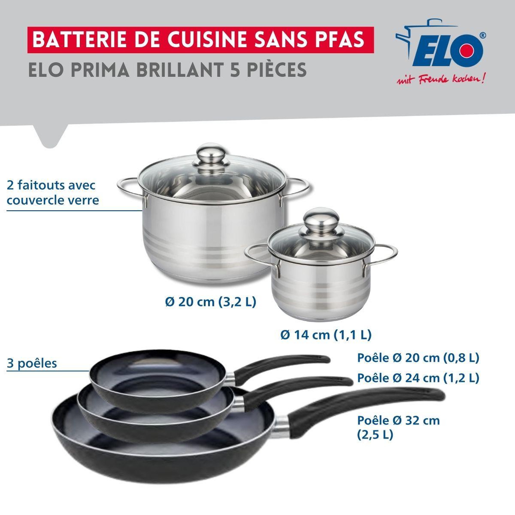 Voir la diapositive 2 : ELO Ensemble de 3 poêles de cuisson 20, 24 et 32 cm et 2 faitouts 14 et 20 cm elo prima brillant