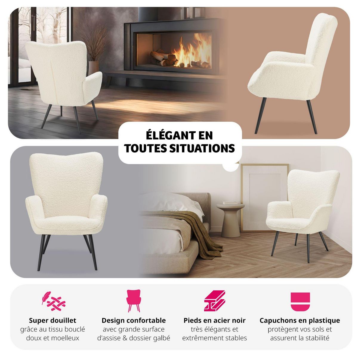 tectake Fauteuil rembourré Bouclé crème/noir