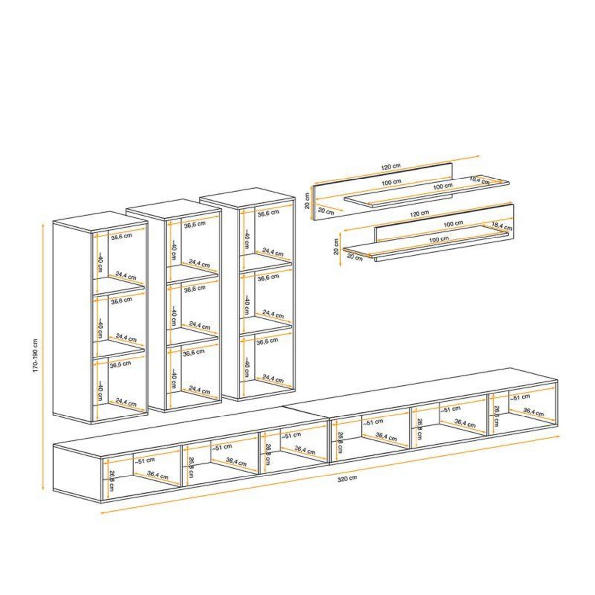 Paris Prix Meuble TV Mural Design  Fly I  320cm Noir & Blanc