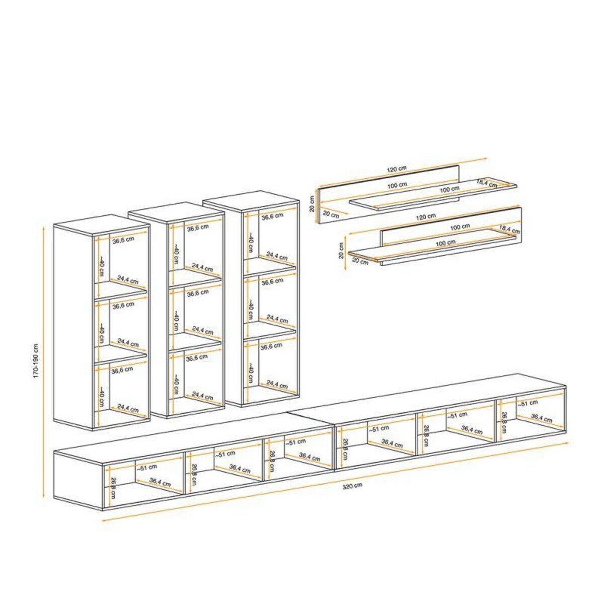 Paris Prix Meuble TV Mural Design  Fly I  320cm Noir & Blanc