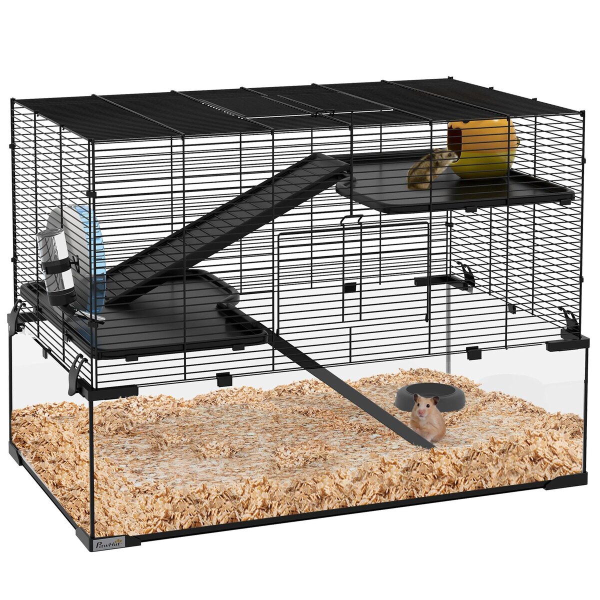 PAWHUT Cage hamster rongeur 3 niveaux 76 x 48 x 54 cm - roue, rampes, maisonnette, abreuvoir, mangeoire - noir