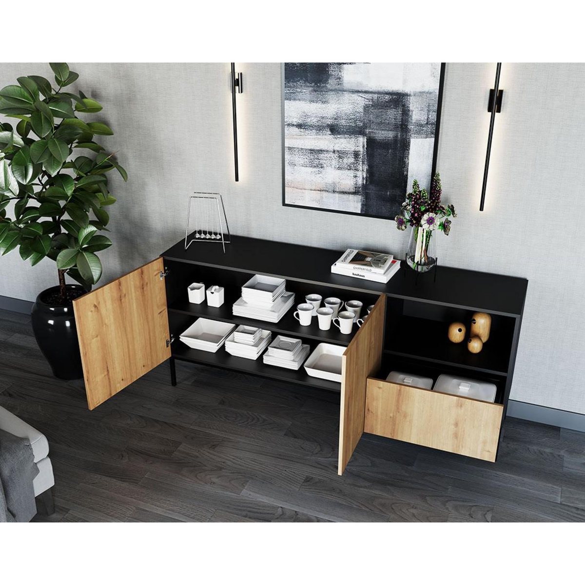 BEST MOBILIER Felicia - buffet bas - effet bois et noir - 2 portes, 1 tiroir et 1 niche - 180 cm