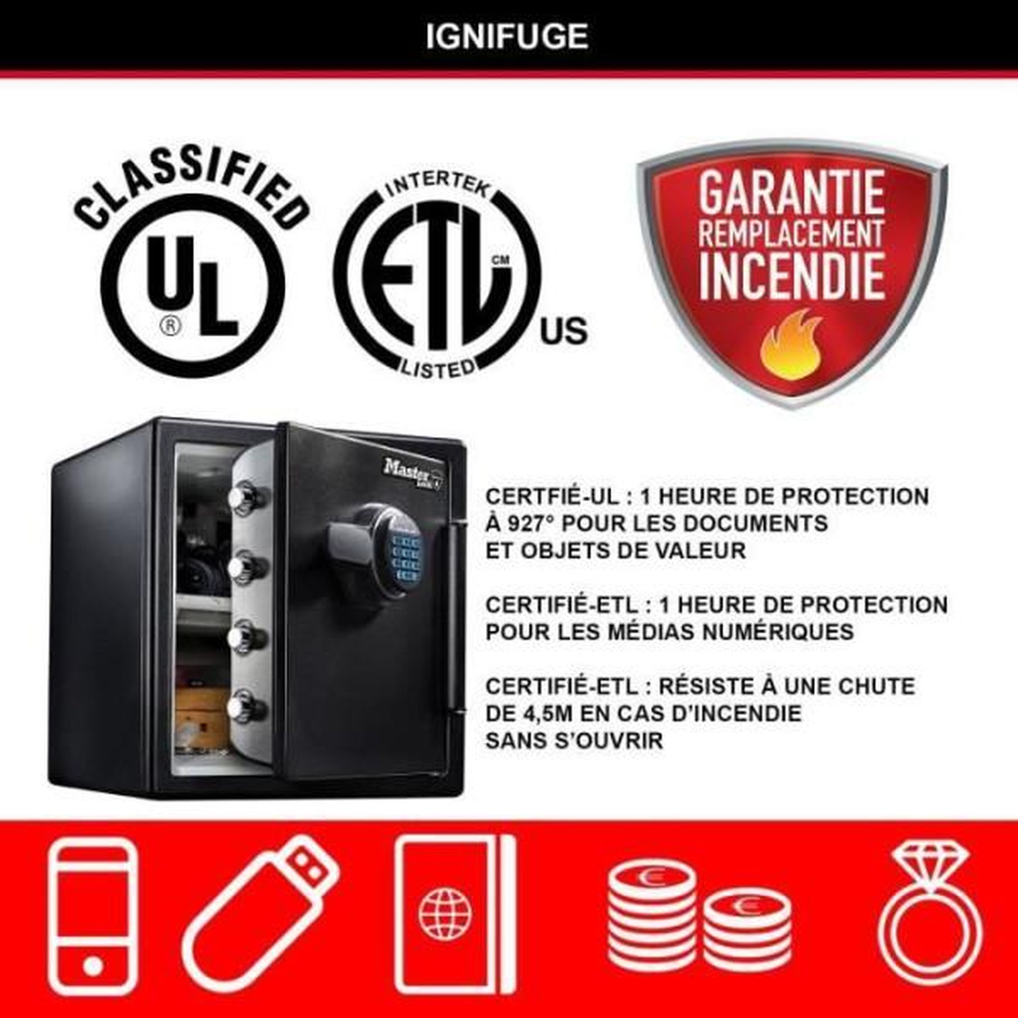 Voir la diapositive 4 : Master lock Coffre-fort - master lock - lfw123ftc - ignifuge et etanche - xl 33,6 litres - combinaison electronique