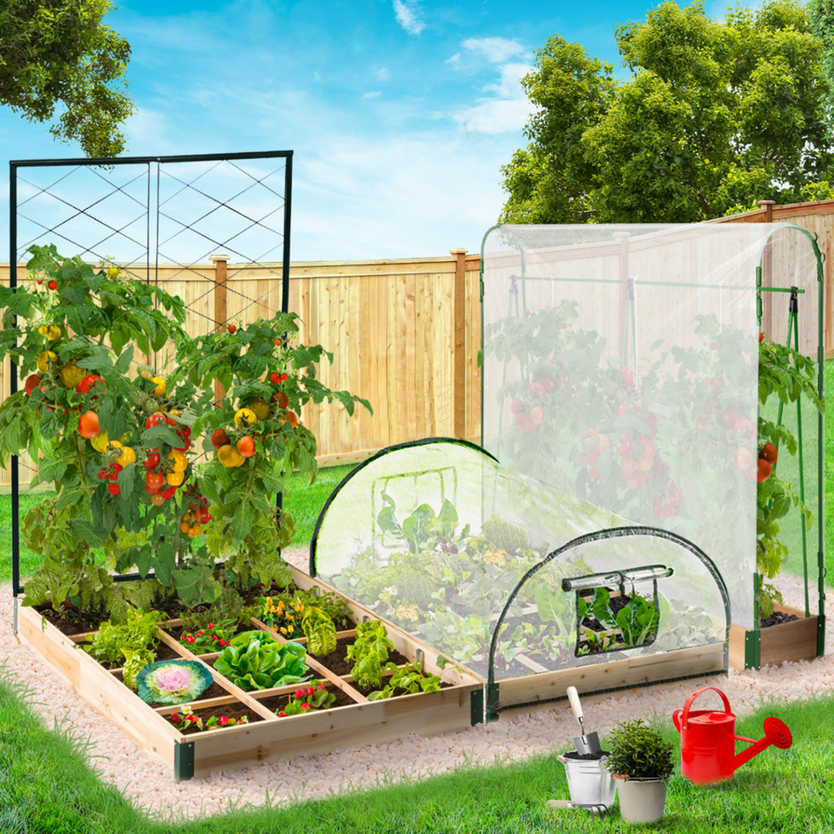 ID MARKET Kit complet 3 bacs modulables carrés potager et serre à tomates + treillis + housse