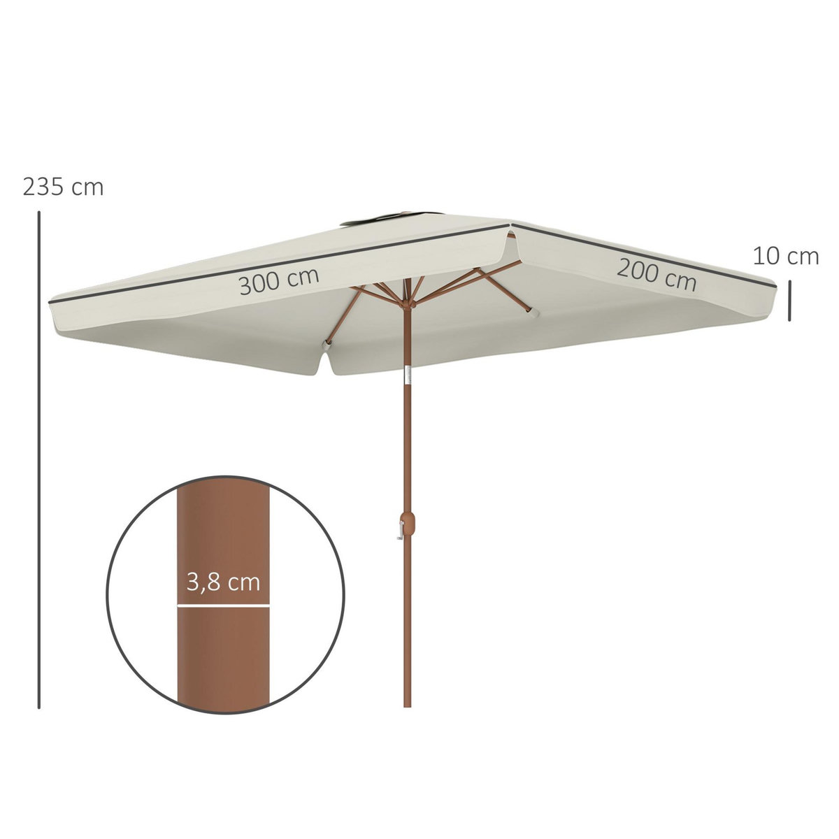 OUTSUNNY Parasol inclinable rectangulaire dim. 3 x 2 m alu marron tissu haute densité UPF50+ crème