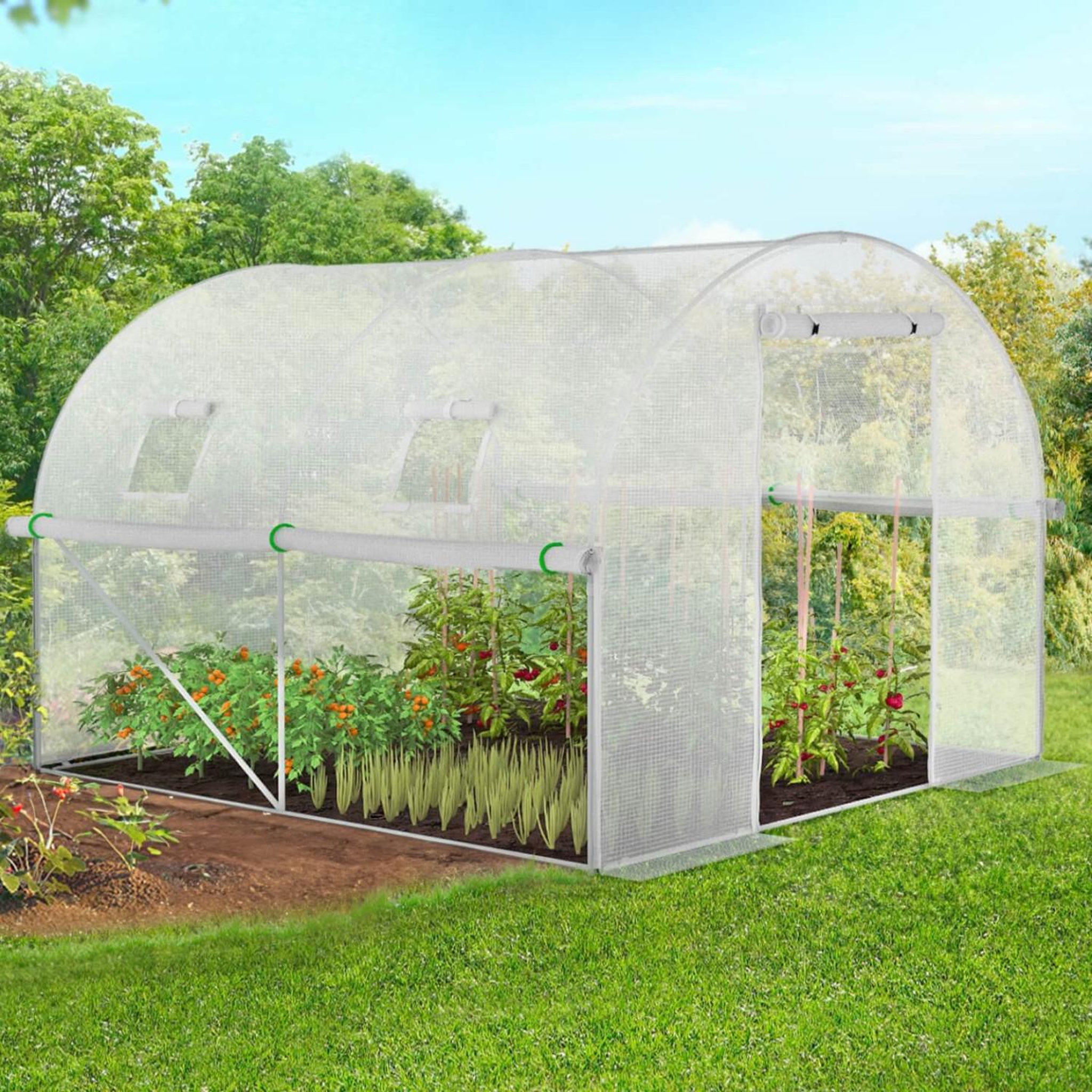 Voir la diapositive 2 : ID MARKET Serre de jardin tunnel 6m² 3 x 2 x 2 m acier galvanisé + bâche anti-uv avec porte et fenêtres roma blanche toutes saisons