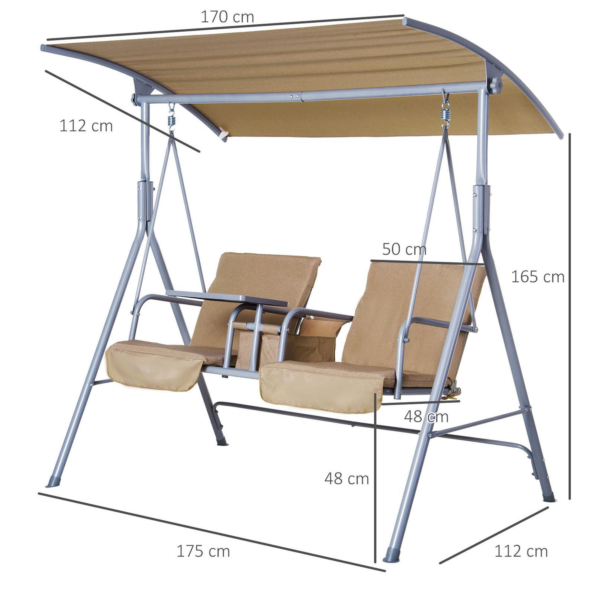 Voir la diapositive 3 : OUTSUNNY Balancelle design de jardin 2 places inclinaison toit réglable tablette rétractable rangement acier gris clair beige