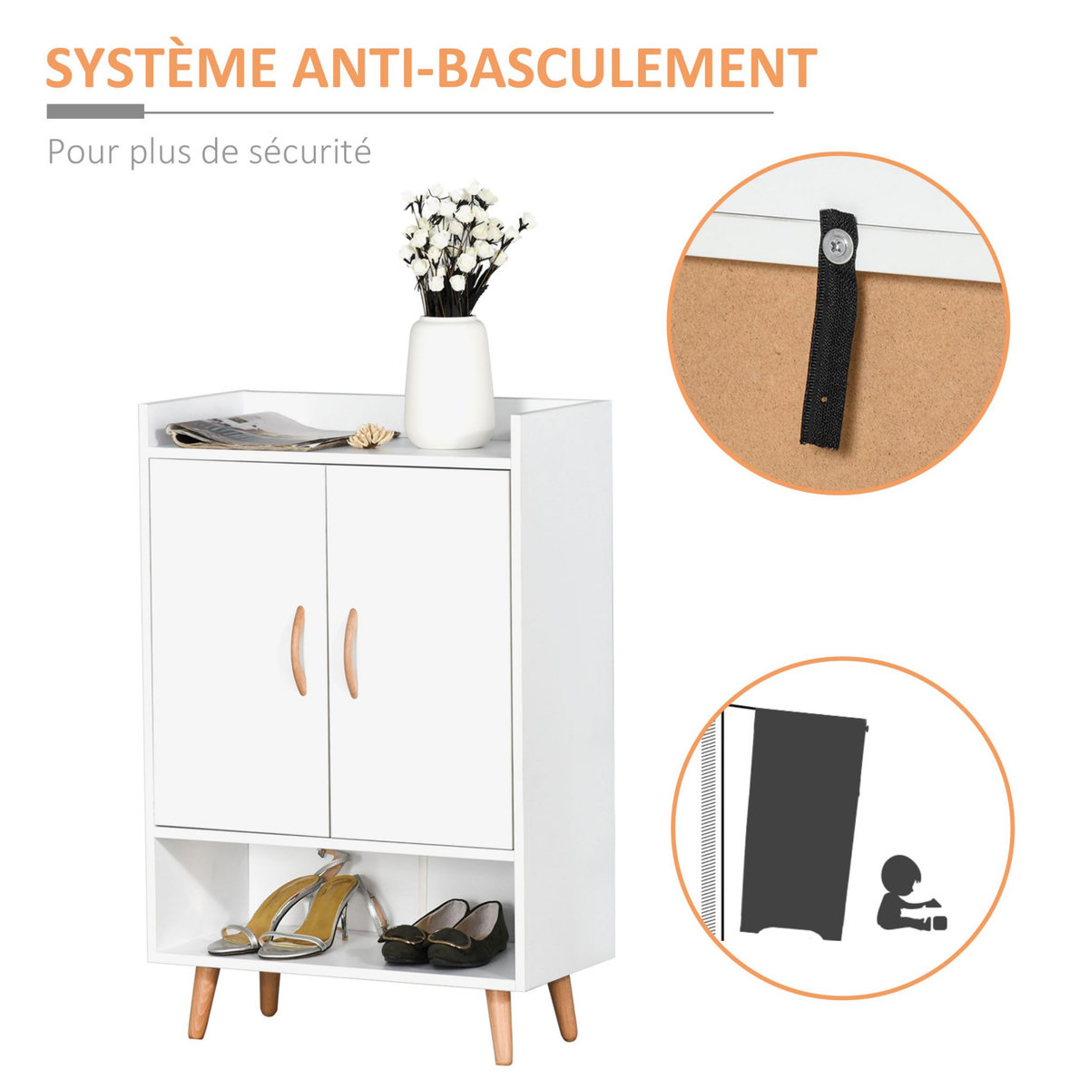 HOMCOM Meuble à chaussures scandinave placard 2 portes 4 étagères pieds effilés inclinés bois massif panneaux particules blanc