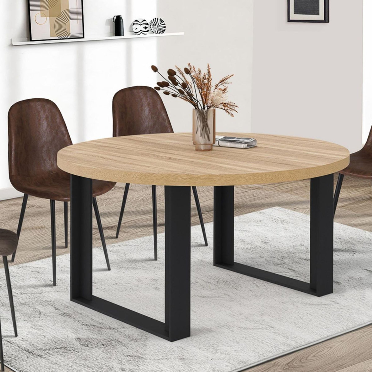 ID MARKET Table à manger extensible ronde PHOENIX 6-10 personnes bois et noir 140-200 cm