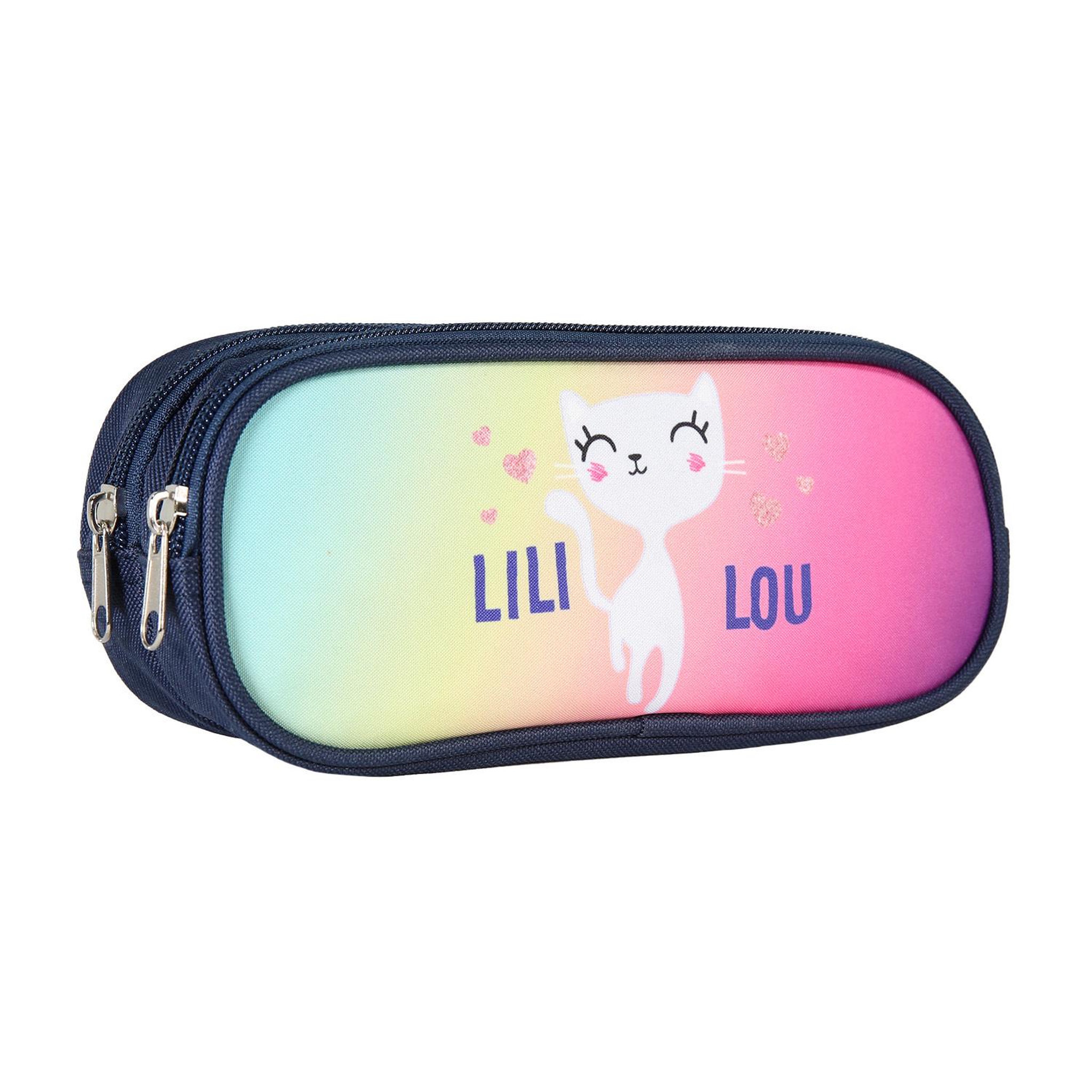 Voir la diapositive 2 : Bagtrotter Bagtrotter - Lili Lou  - Trousse Scolaire Rectangulaire - Marine  - 2 Compartiments Zippés - 23x7x10cm - Matière Polyester - Accessoire et Papeterie Scolaire