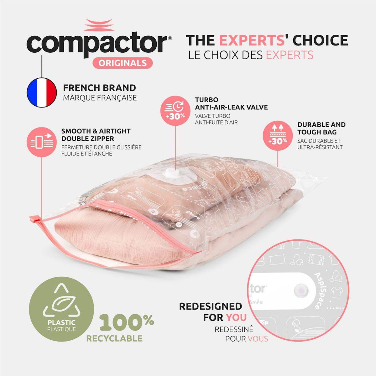 Compactor Housse lot de 2 sacs de rangement sous vide tailles M + L