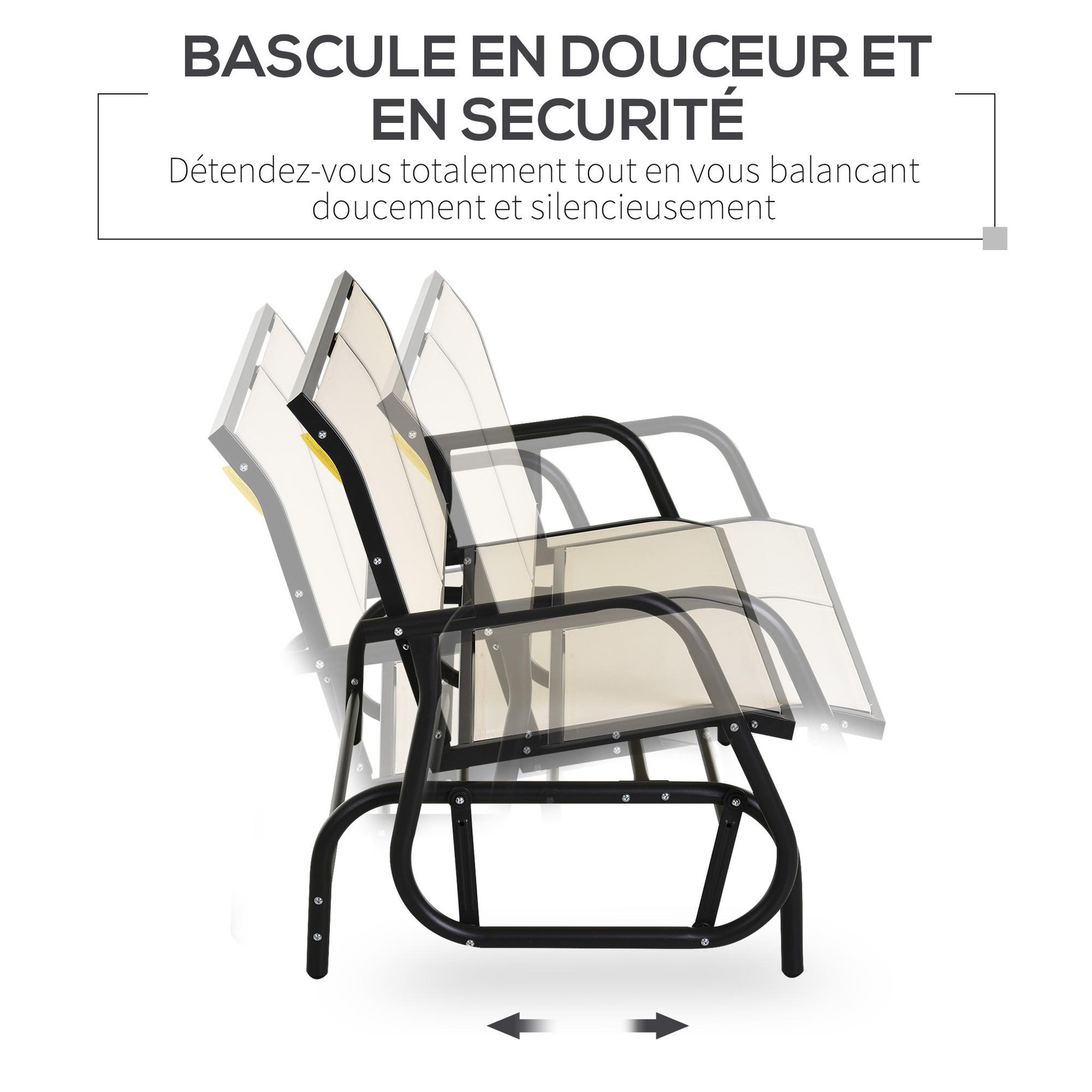 Voir la diapositive 4 : OUTSUNNY Banc à bascule de jardin 2 places design contemporain grand confort accoudoirs assise et dossier ergonomique acier textilène beige