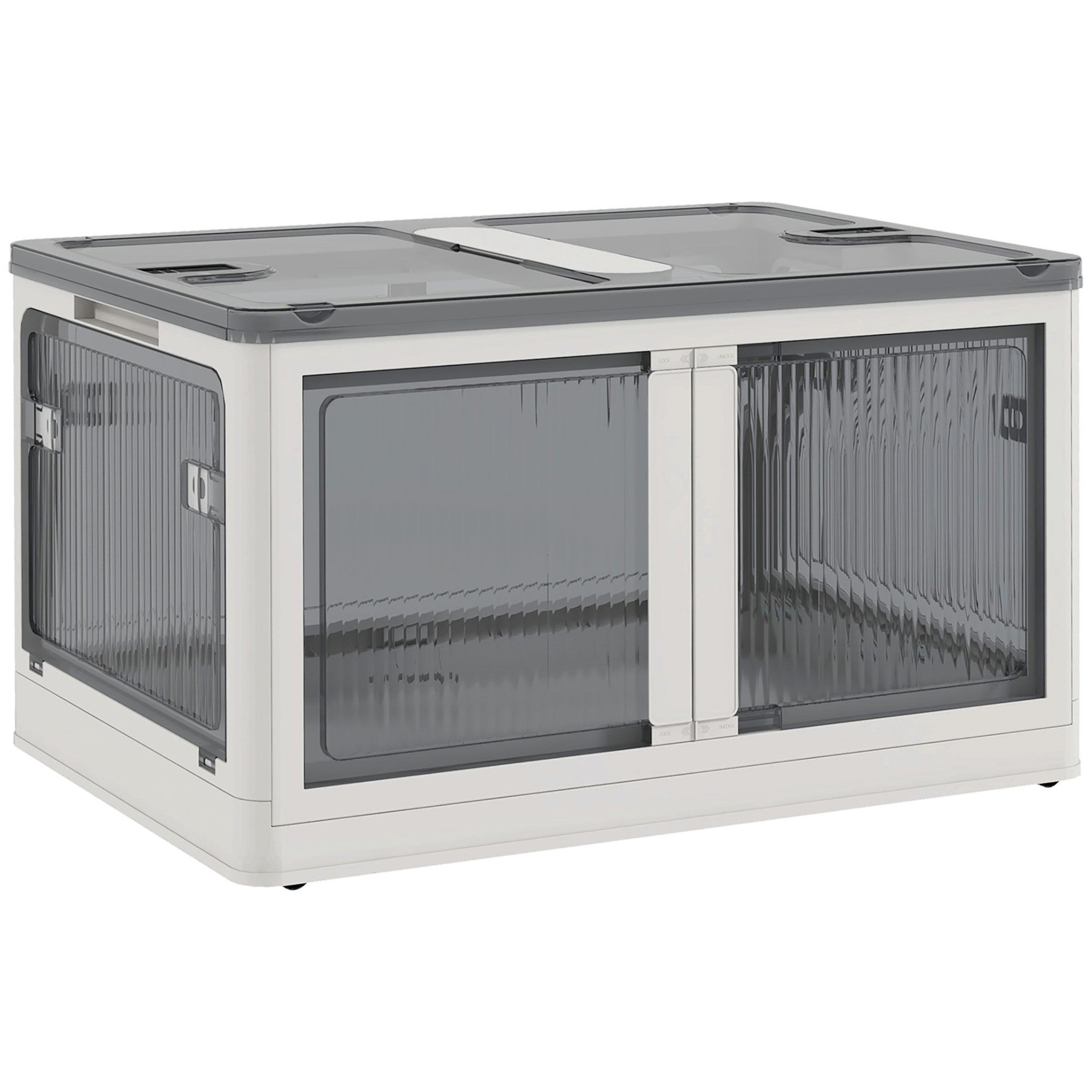 HOMCOM Boîte de rangement plastique 99L pliable empilable couvercle 4 roulettes accès 5 côtés blanc gris