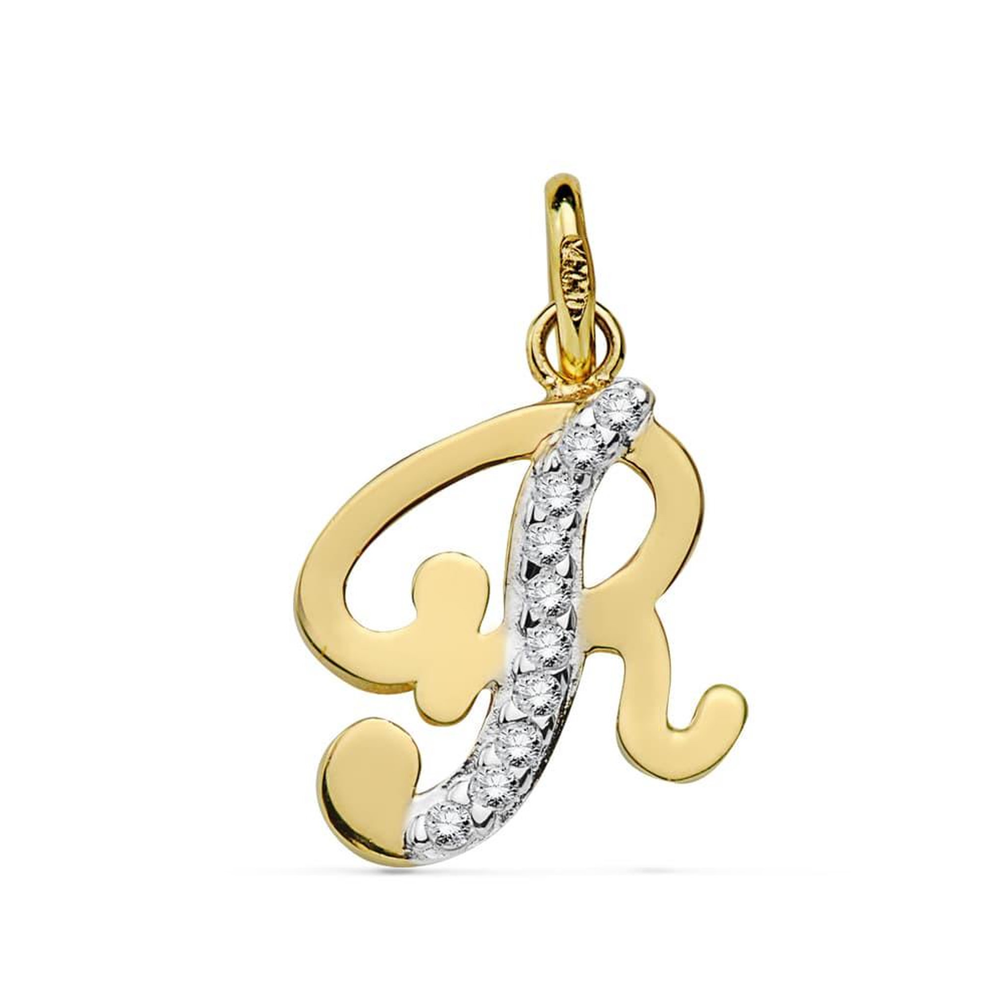 L'ATELIER D'AZUR Pendentif Or 18 Carats 750 Jaune Serti de Zirconiums - Initiale Lettre  R  - Chaine Offerte