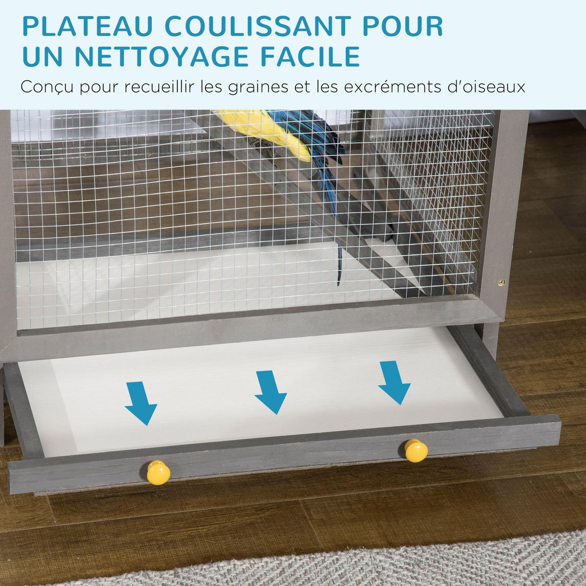 PAWHUT Cage à oiseaux volière grande taille 2 portes toit asphalte tiroir amovible bois gris