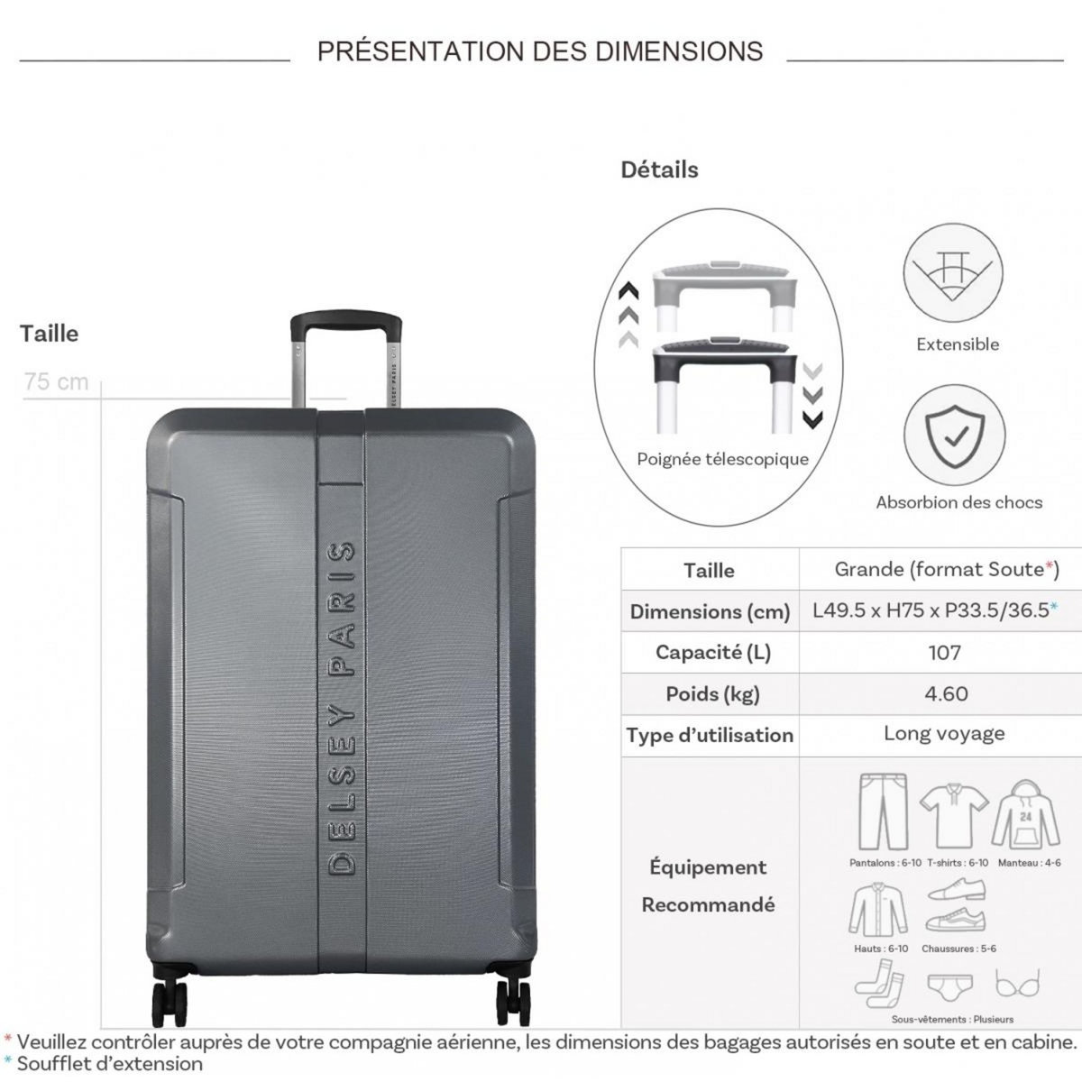 Delsey Grande valise rigide Départ TSA 75cm