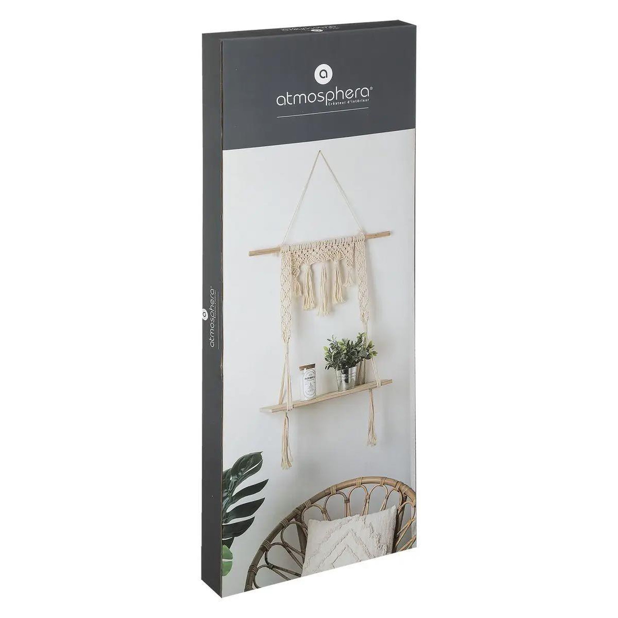 Voir la diapositive 4 : ATMOSPHERA Étagère murale en bois  macramé  80cm ivoire
