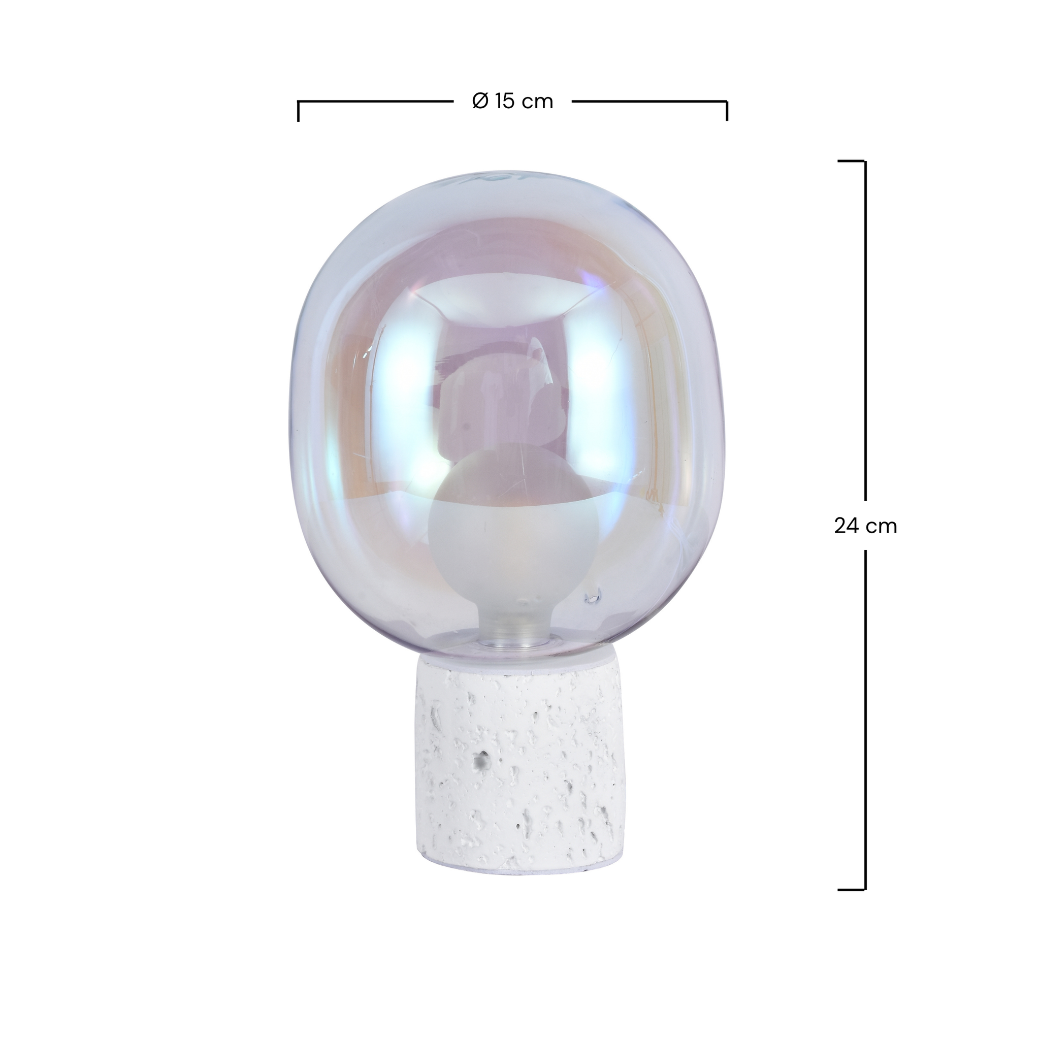 Voir la diapositive 4 : MAISON PAVANE Lampe à poser en verre irisé et béton blanc H24 cm-Bulle