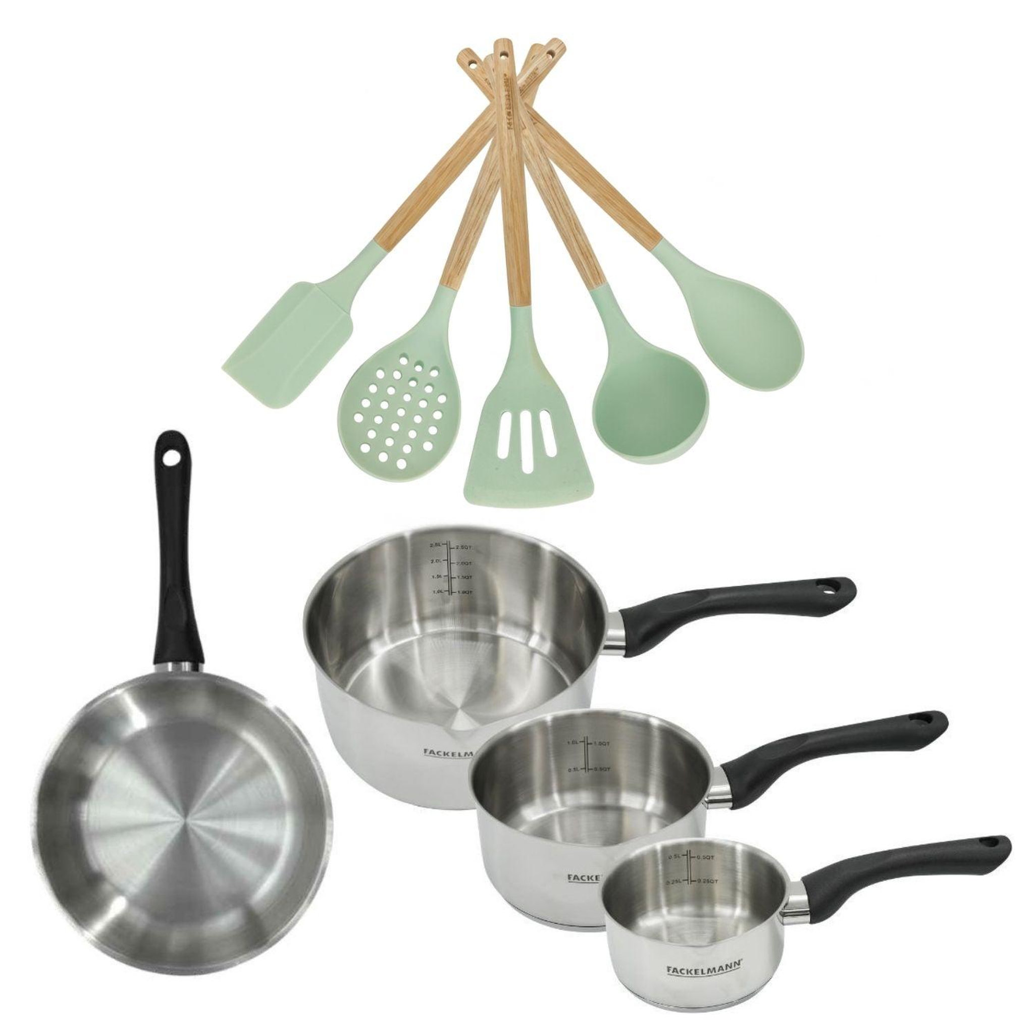 Fackelmann Batterie de cuisine avec 3 casseroles 12/16/20 cm et 1 poêle 24 cm avec 5 ustensiles de cuisine sans pfas fackelmann généva océan