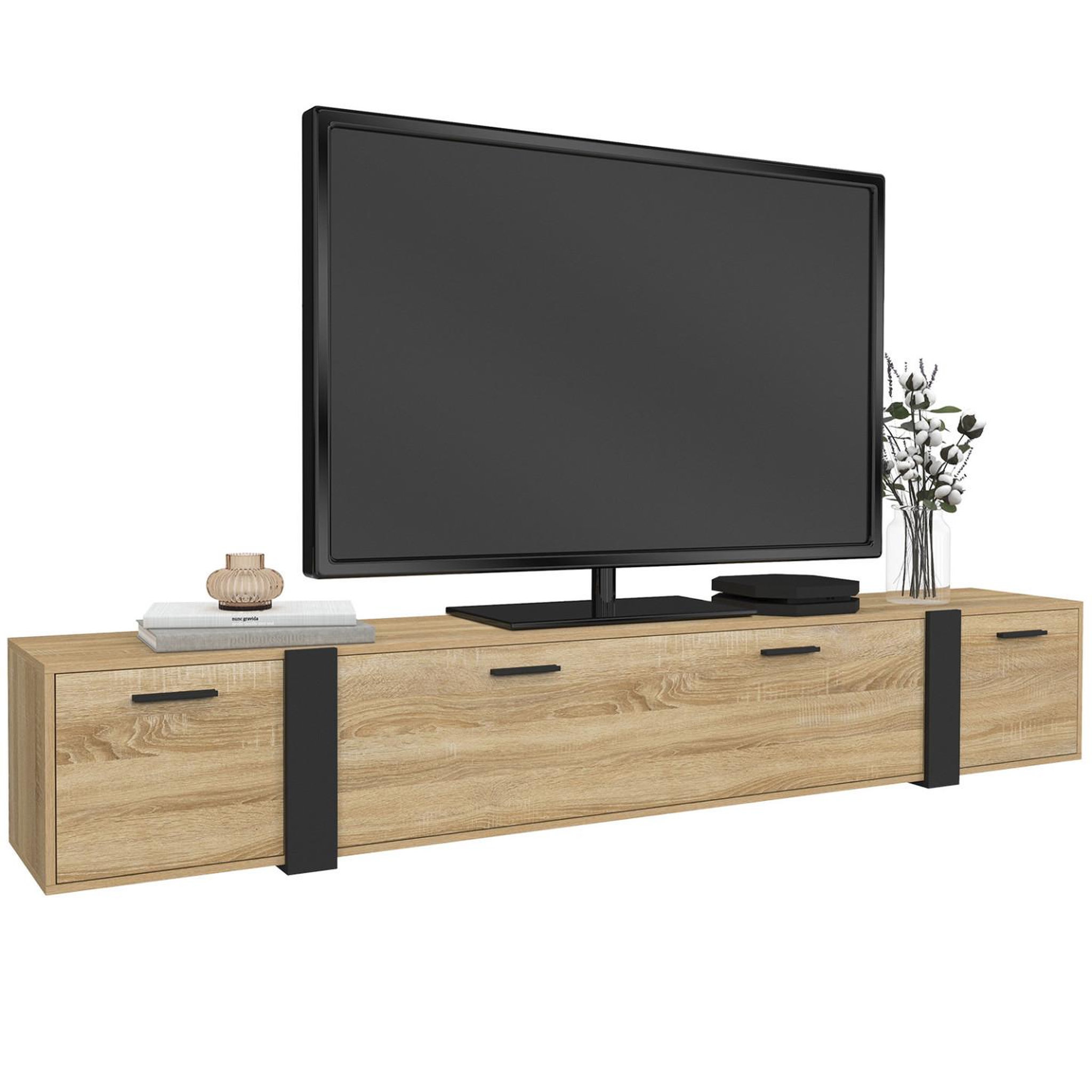 ID MARKET Meuble tv 180 cm suspendu phoenix 3 portes design industriel
